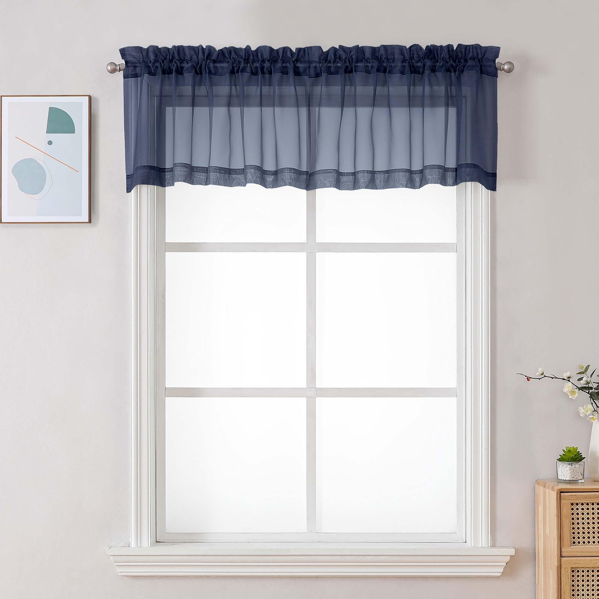 Chyhomenyc Navy Blue Sheer Valances for Windows - Light Filtering Small Kitchen Curtains, Rod Pocket Short Top Window Treatment Decor for Living Room Bathroom Basement, 42Wx16L inches, 2 Panels