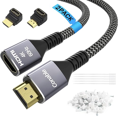 Cable de extensión HDMI 4K (paquete de 2 unidades de 12 pies + 12 pies), cable extensor trenzado HDMI 2.0 macho a hembra, cobre puro 3D 4K 60Hz