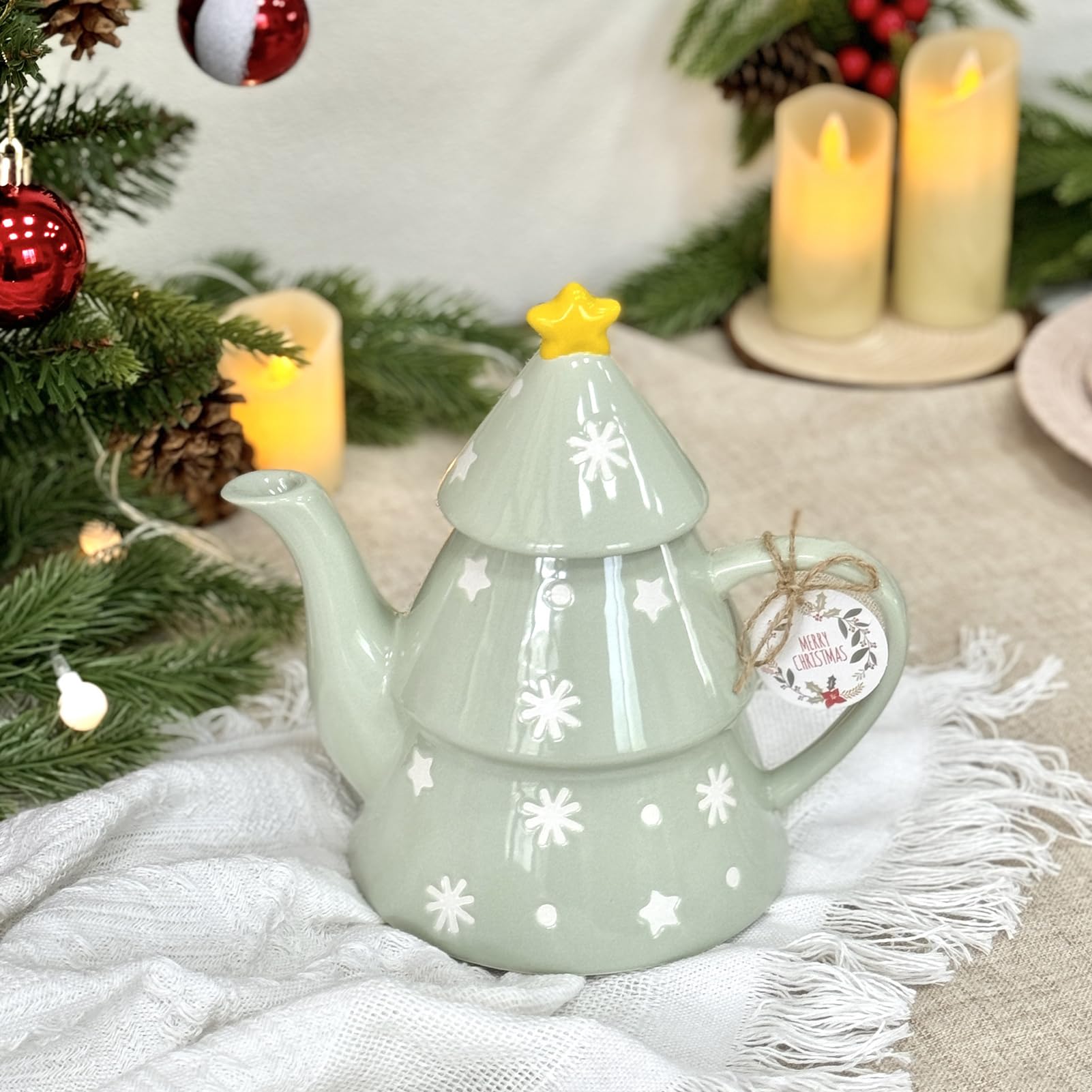 Teekanne Weihnachten, Porzellan Weihnachtsdekorationen, Keramik Weihnachtskanne Kaffee Tee, 820 Ml Süße Weihnachten Kaffeetasse, Kaffeekanne Mit Weihnachtsbaum Perfekt Für Tee Und Kaffee (A)
