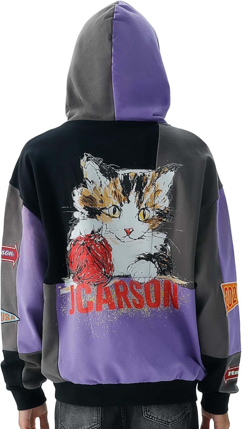 JCARSON Streetwear Mens Hoodie Appliqué Graphic Color Blocked Patchwork Hooded Sweatshirt for Men Vintage Oversized Pullover