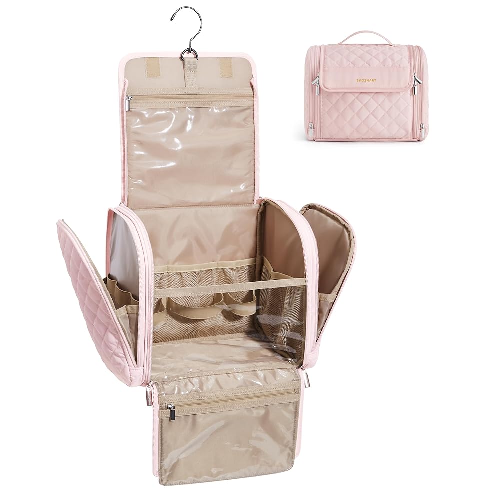 BAGSMART Travel Toiletry Bag, Large Capacity Cosmetic Bags for Women with Hanging Hook, Water-resistant for Toiletries Accessories Brushes Sponge, With Handle