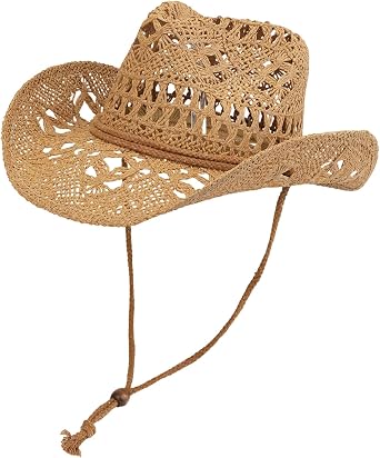 Summer Adult Western Straw Cowboy Hat with Adjustable Chin Strap