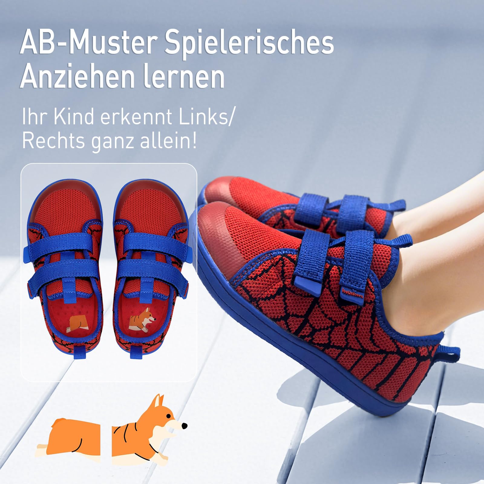 IceUnicorn Kinder Barfußschuhe Breite Zehenbox Jungen Mädchen Hausschuhe Minimalistische Outdoor Traillaufschuhe Walking Schuhe(Rot Blau, 28EU Weit)