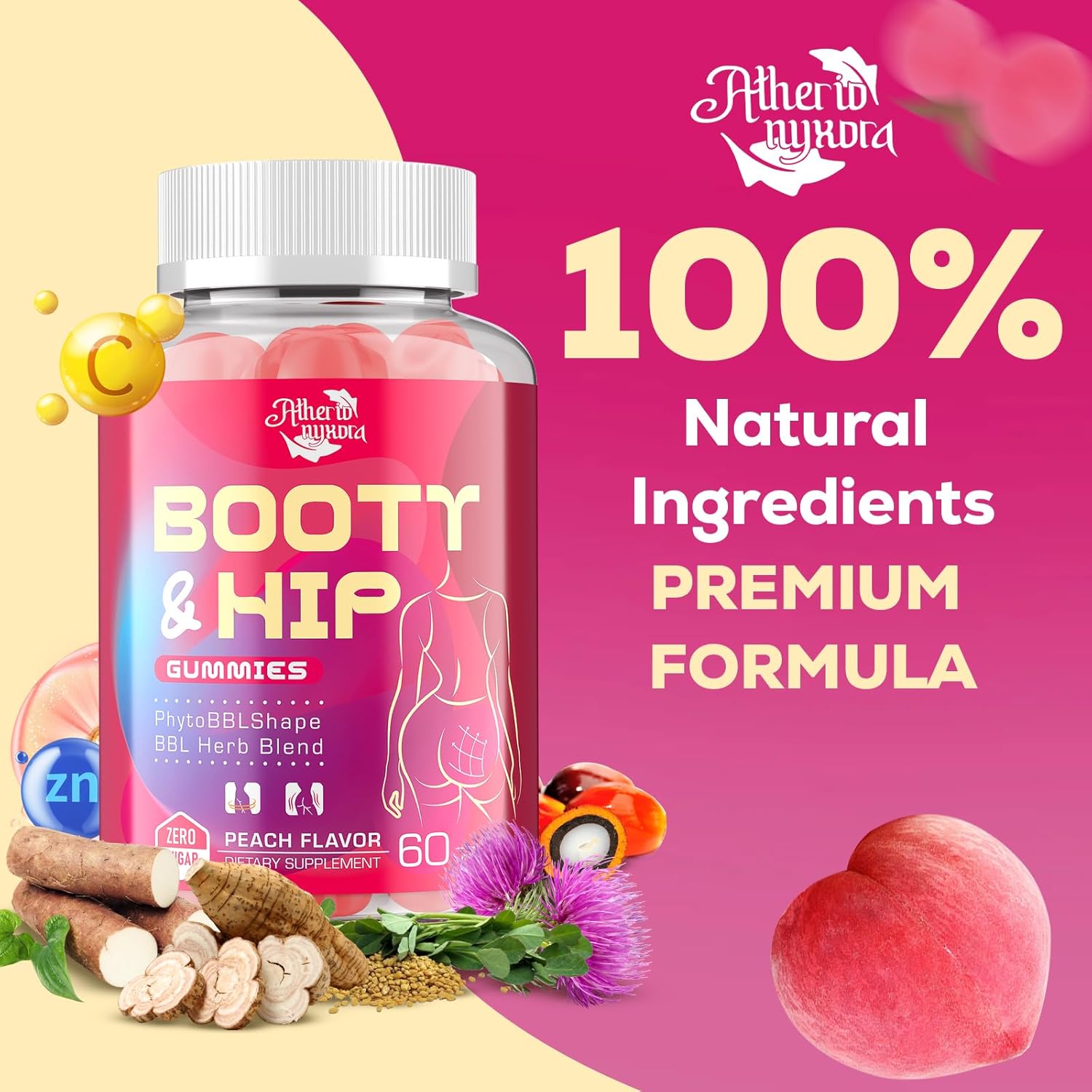 Booty Gummies for Women - BBL Gummies with Bovine Collagen Peptides - Herbal Blend with Aguaje, Fenugreek, Kwao Krua, Wild Yam, Blessed Thistle, Vitamin C & Zinc - Delicious Peach Flavor - Image 3