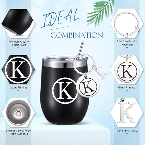 Vista 73 de Dandat Vaso de vino personalizado de Navidad con llavero, taza de viaje de acero inoxidable negra de 12 onzas con tapa y popote para empleados