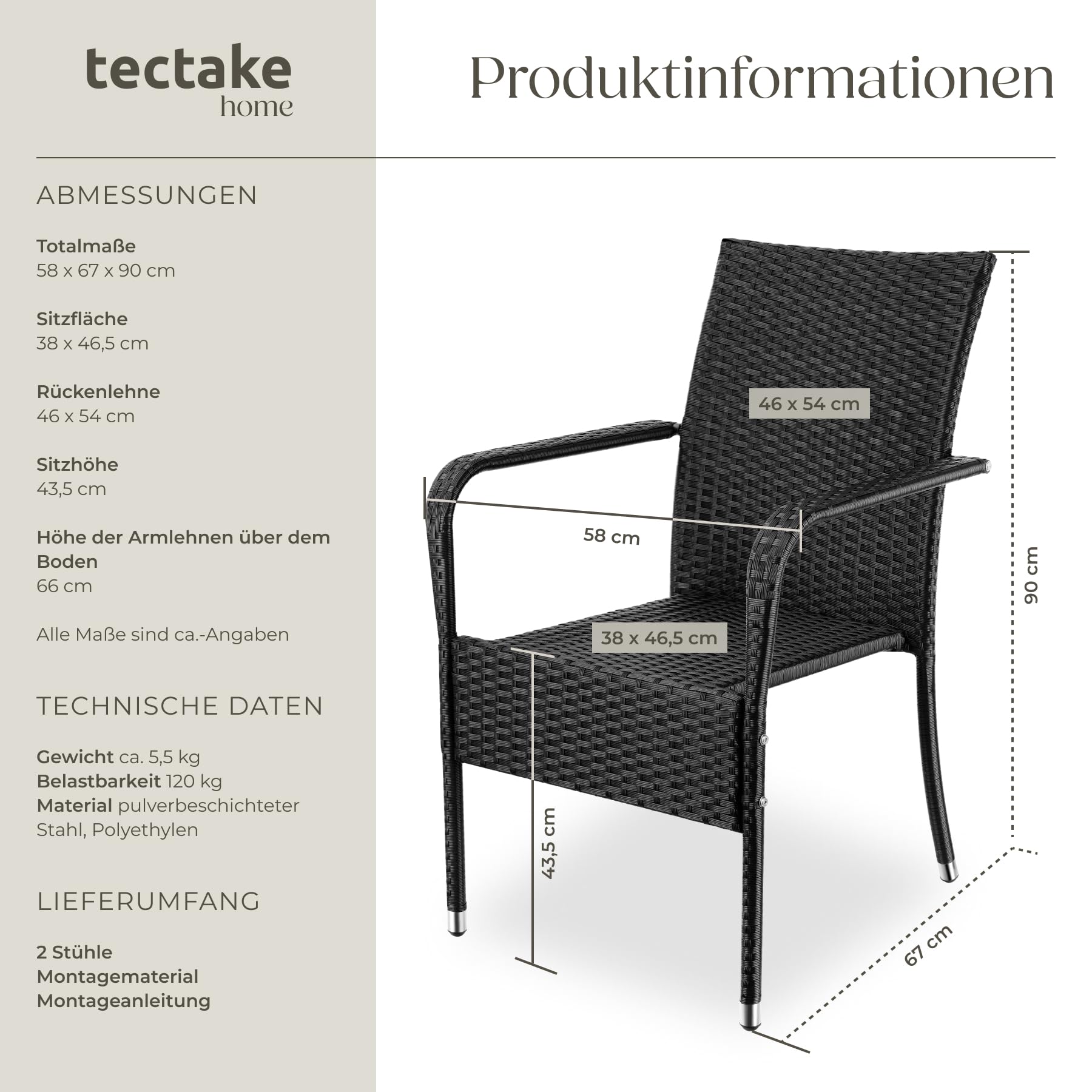 tectake® Rattan Stühle Esszimmer Outdoor, Stapelstühle, Gartenmöbel Set, Gartenstühle stapelbar, Outdoor Küche, Terrasse, Wintergarten Möbel, Korbsessel Armlehne, Balkon Set, Terrassenmöbel - 2er Set