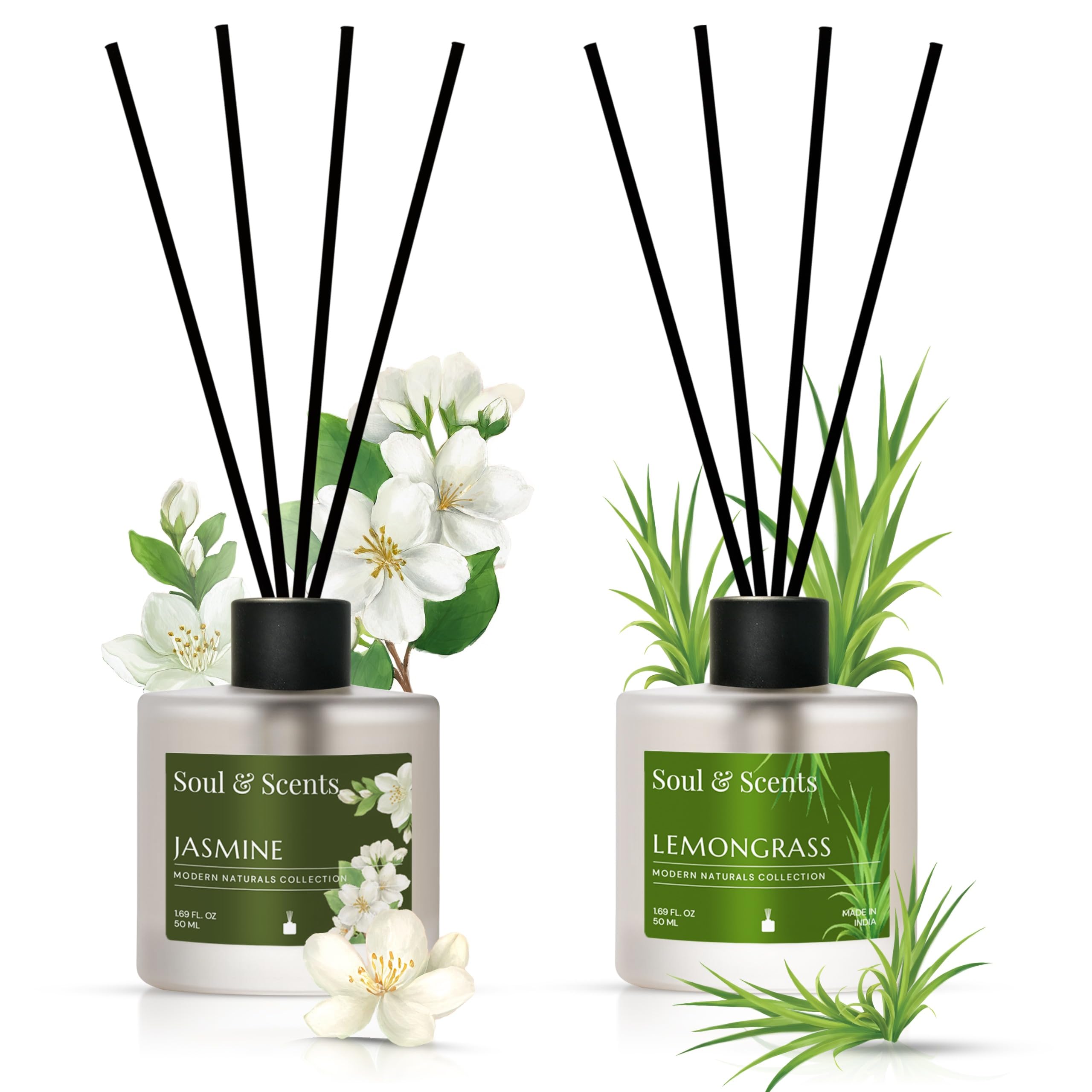 Soul & Scents Jasmine and Lemongrass Reed Diffuser Set - 100ml with Free 10 Rattan Reed Sticks|Toxin Free & Stress Relief| Long Lasting | Room Freshener for Home, Bedroom & Office| Combo Pack of 2