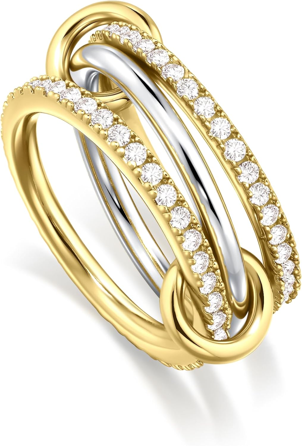 14K Gold Plated Stackable Rings,3 CZ Cubic Zirconia Ring Set,Silver & Gold Stacking Rings, Multi-Link Connected,Statement Interlocking Band for Women, Hypoallergenic, Non Tarnish wedding ring
