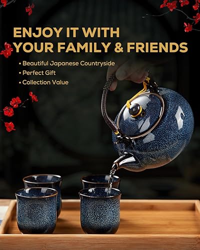 Miniatura 2 de DUJUST Juego de té japonés para 6, juego de té de porcelana con esmalte alterado al horno con 1 tetera, 6 tazas de té y 1 bandeja de té