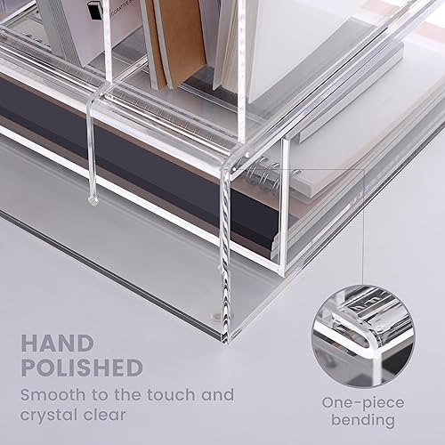 Miniatura 7 de DINGHUO Organizador de escritorio acrílico, clasificador vertical de 4 secciones, organizador de archivos de papel con bandeja de letras de cajón,