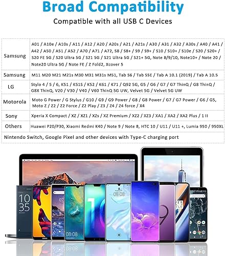 Vista 7 de Cable USB C de 10 pies, paquete de 2 cables de carga USB A a tipo C, cable de carga rápida de 3A para Samsung Galaxy S23 S22 S21 S20 A01 A02s A10e