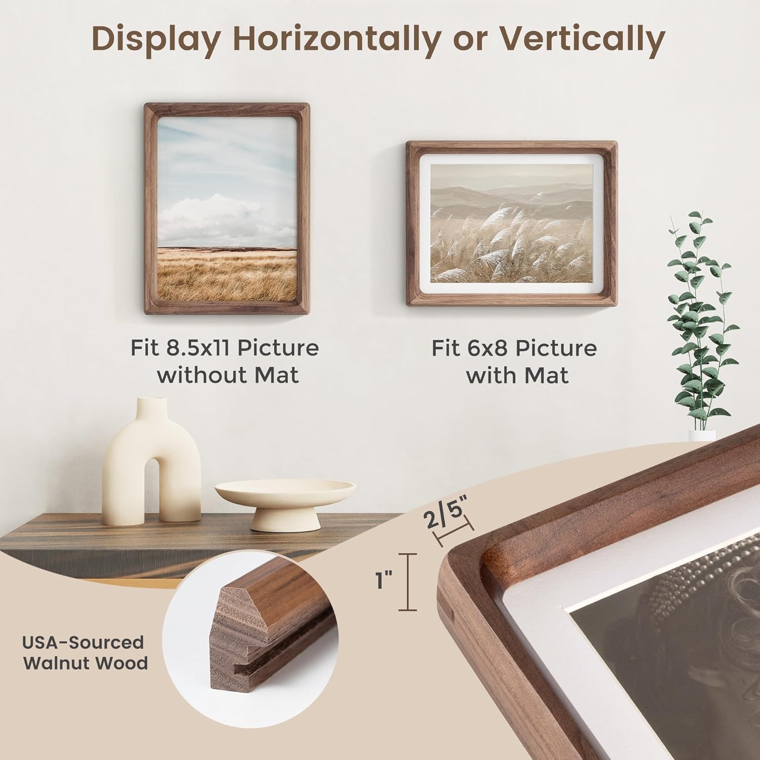 8.5 by 11 Picture Frame, USA-Sourced Walnut Wood Photo Frame with HD Tempered Glass, Handcrafted Rounded Corner 8.5x11 Wooden Picture Frames Matted to 6x8 Photos, Tabletop or Wall Display, 2 Pack