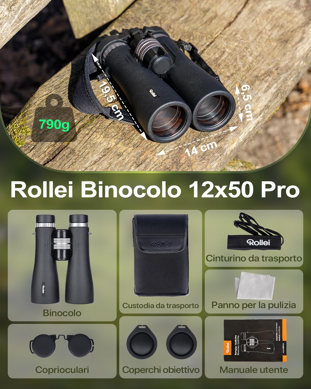 Binocolo Professionale 12x50 Pro Rollei Binocular Potenti per Adulti con Ingrandimento 12x e Lenti FMC Resistente IPX6 Binocolo per Hobbisti Birdwatching Caccia Escursionismo e Sightseeing