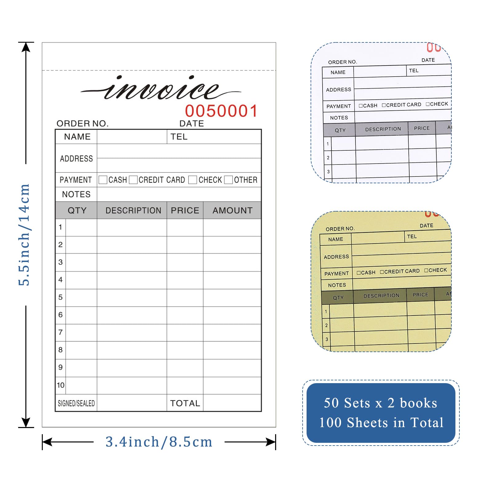 Cuaderno de recibos de facturas, 8,6 x 14 cm, libro de facturas de ventas sin carbono, bloc de facturas con cartón para pequeñas empresas de boutique, (50 juegos x 2 unidades)
