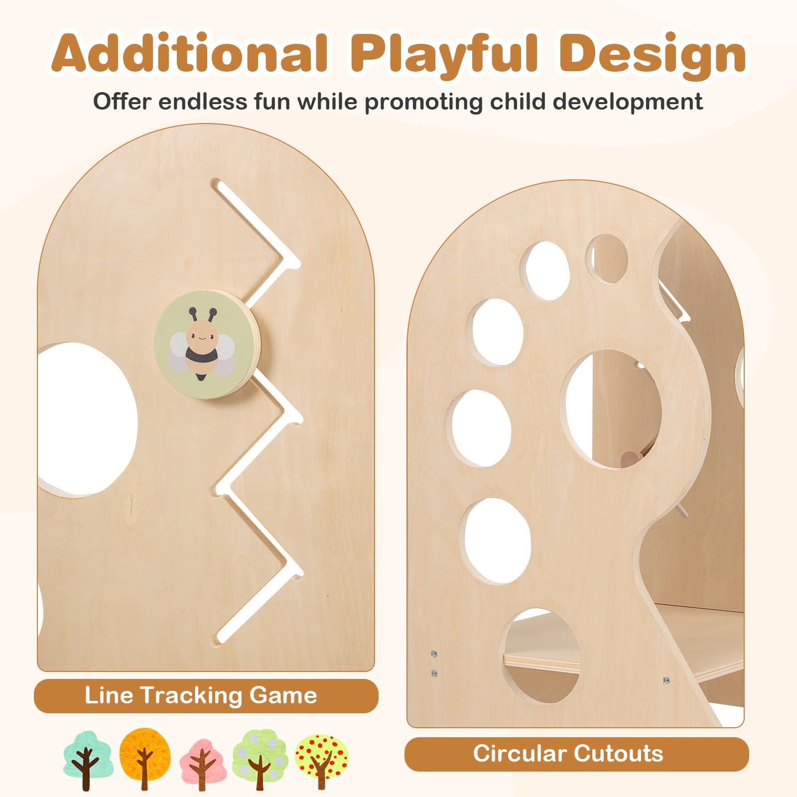COSTWAY 3 in 1 Lernturm mit 2-Stufen-Hocker, Tritthocker aus Holz mit abnehmbaren Sicherheitsstangen & Linienspiele, Trittleiter & Kindersitzgruppe Montessori, Trittschemel für Kinder ab 3 Jahren