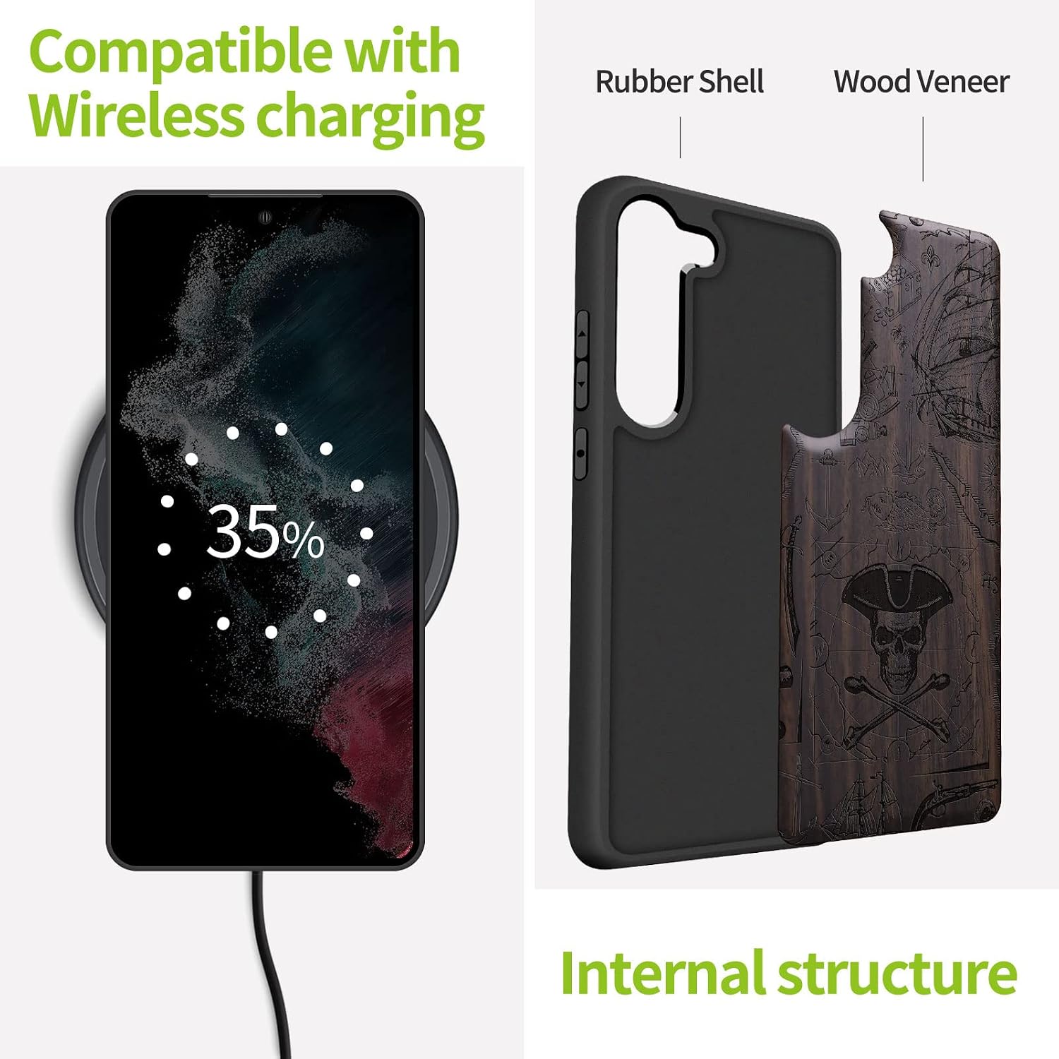 Carveit Wood Case for Galaxy S23 Case [Natural Wood & Black Soft TPU] Shockproof Protective Cover Unique & Classy Wooden Design Compatible with Samsung S23 (Pirate Flag-Blackwood)