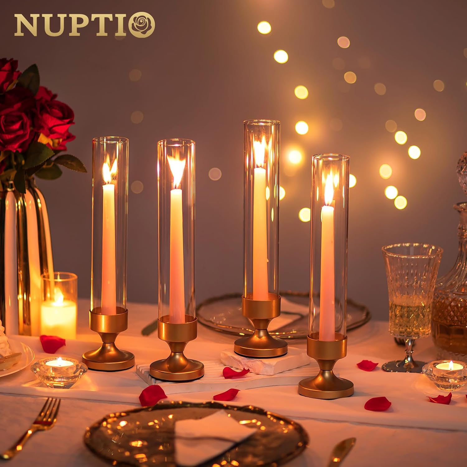 NUPTIO Hurricane Glass Candle Holder: Set of 10 Metal Taper Candle Holders with Sleeves - Gold Candlestick Holders Bulk for Outdoor Party Wedding Table Centerpiece Decoration - Image 4