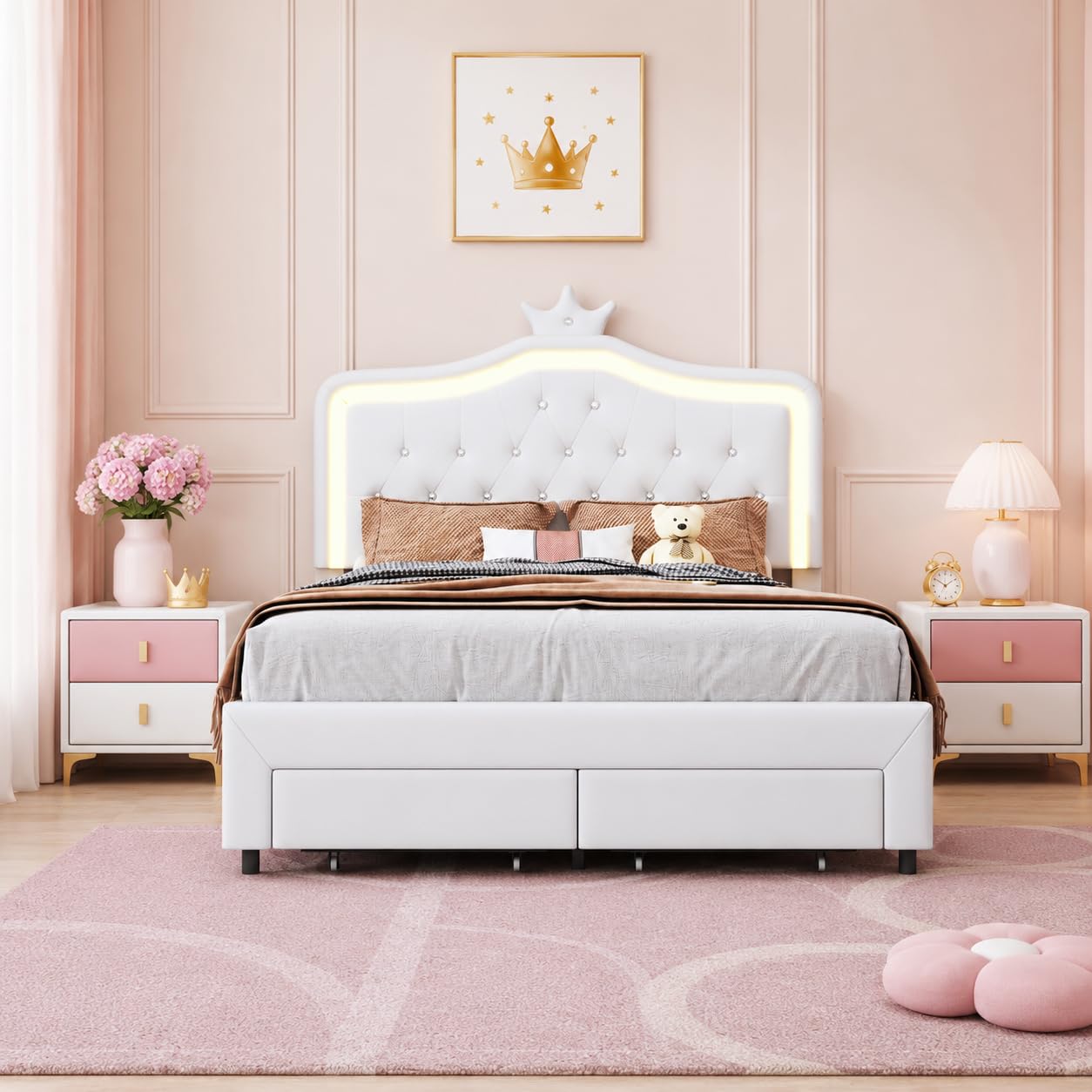 Letto imbottito 140 x 200 cm, letto principesse con illuminazione a LED, Letto matrimoniale con Testiera regolabile a forma di corona, Letto per bambini con rete a doghe e cassetto, senza materasso
