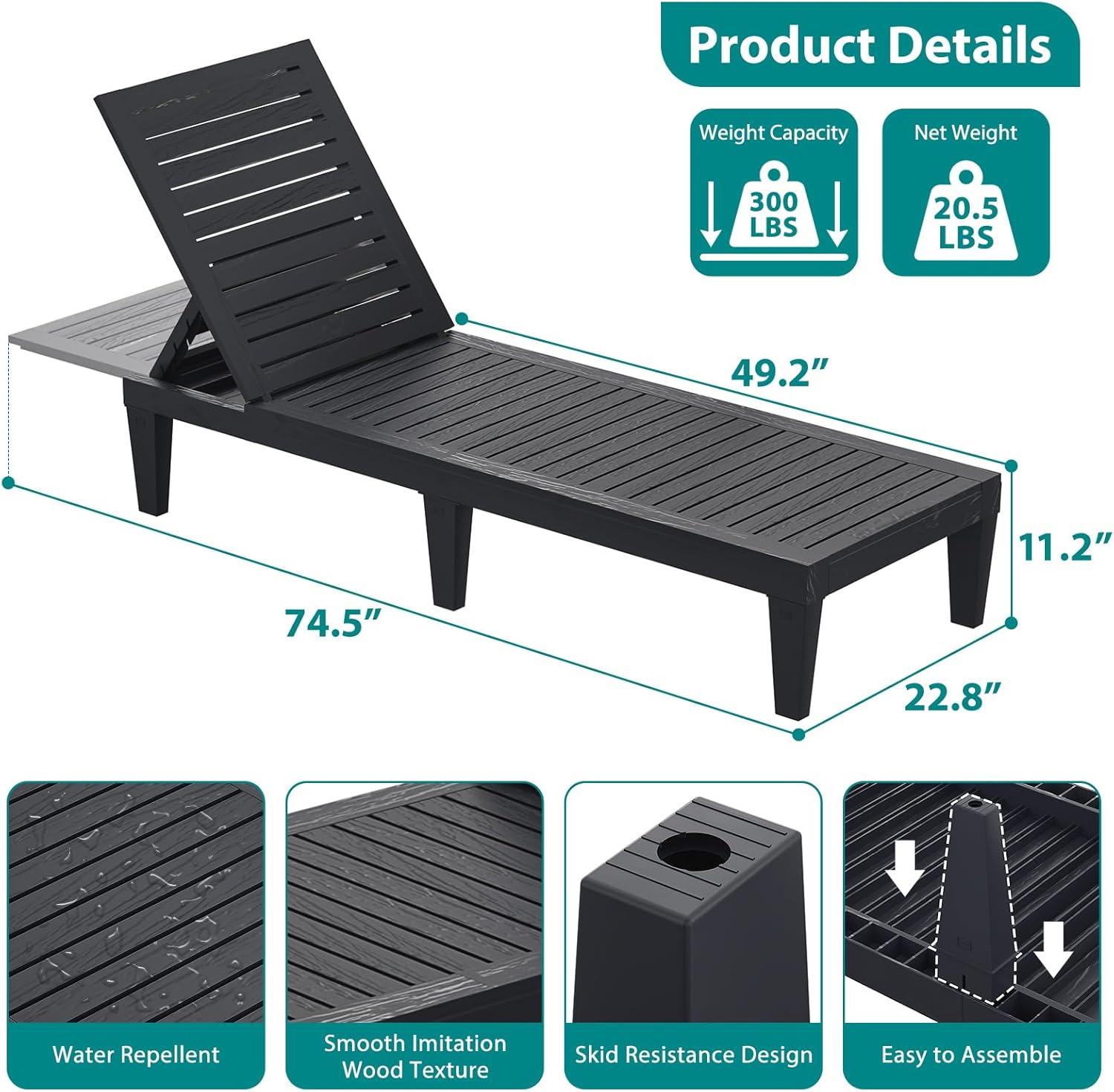 Outdoor Lounge Chairs Set of 2 for Poolside Patio, Weather-Resistant Pool Chaise Lounge with Adjustable Backrest, Resin Tanning Chair Sun Lounger for Outside Deck, Beach, Sunbathing, Black