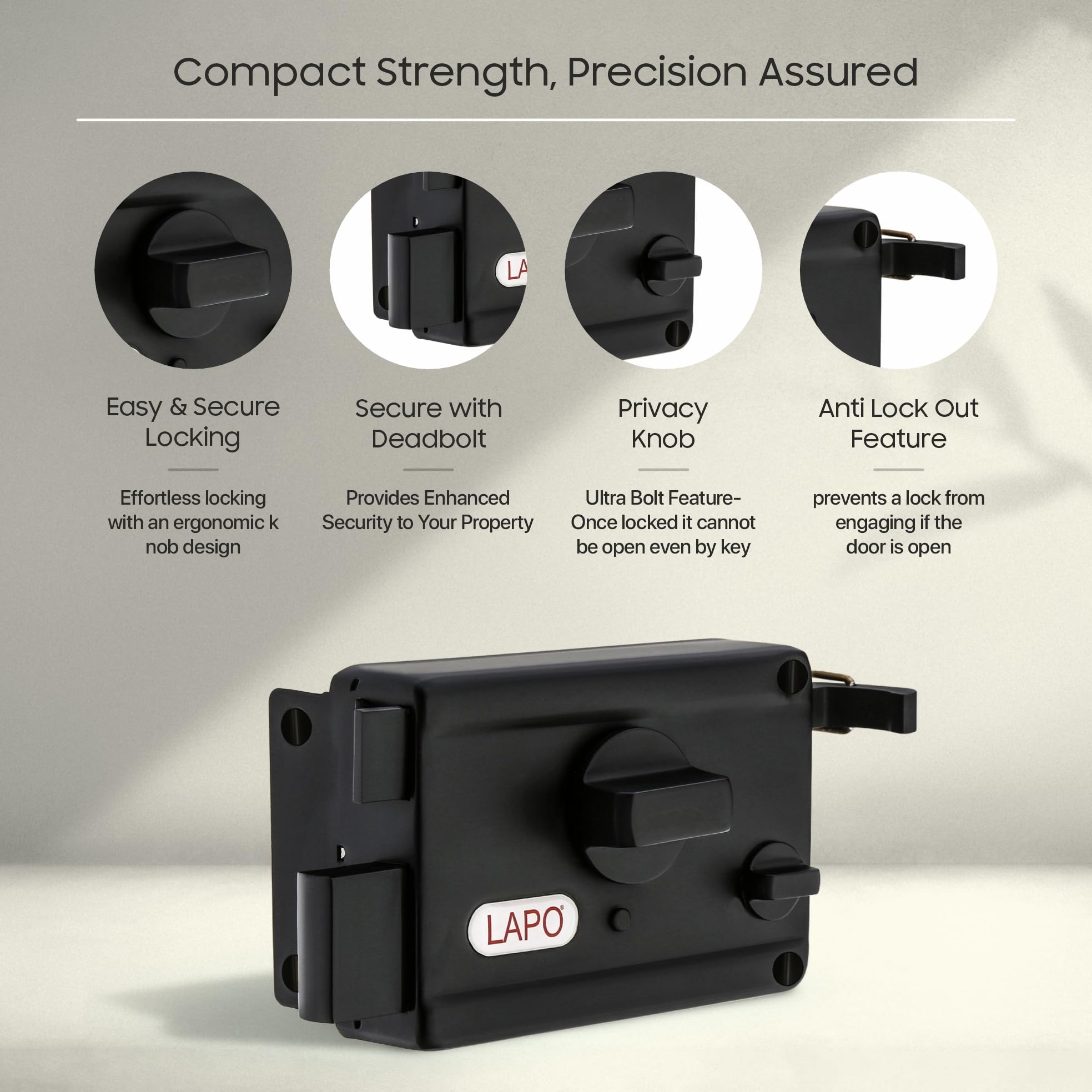 LAPO Rim Lock, Applicable to Main & Safety Doors, TwinPin Extreme Dead Bolt Lock, Suitable for Single, Sliding & Gate Doors, Black Finish, 3 Keys, Reversible Knob, 3 Years Warranty — Amazon image 3