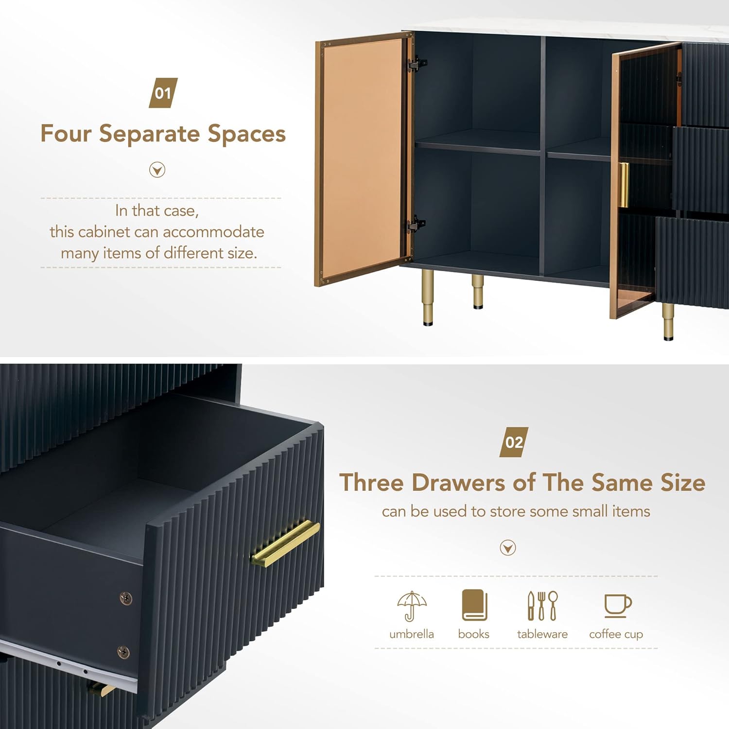 Merax Modern Wood Buffet Sideboard Table with Marble Sticker Tabletop and Amber-Yellow Tempered Glass Doors with Gold Metal Legs & Handles (Navy Blue)