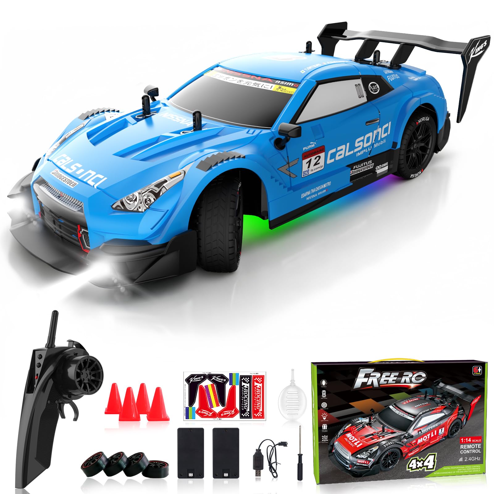 LFOLUSU Remote Control Car RC Drift Car 1:16 Scale 4WD RC Car with LED Lights 2.4GHz 30km/h RTR High Speed Racing Sport Toy Car for Adults Boys Girls Kids Gift 2Pcs Rechargeable Battery