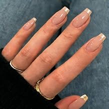 French Tip Press on Nails Long Square, Chrome Gold Fake Nails Coffin, Glazed Glitter Full Cover Nude Press on Acrylic Nails with Glue, Reusable Glue on Nail for Women, Easy to Apply, 30 Pcs