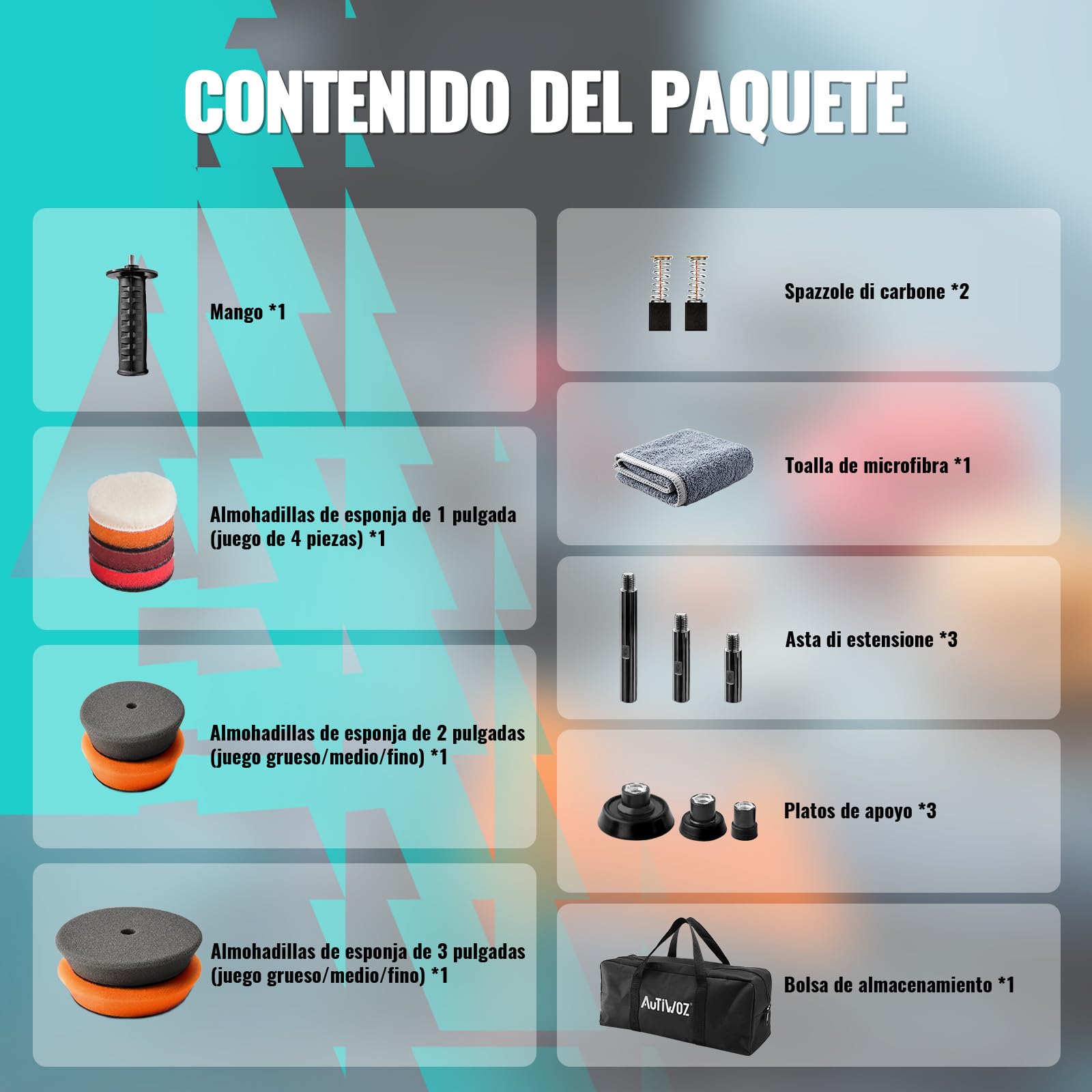 AUTIWOZ Set de Mini Pulidora de Coche Rotativa, Pulidora Pequeña 630W | Pulidora rotativa coche (630W/6 velocidades), mini pulidora con platos de 1/2/3", ejes de acero inoxidable (7,5/10/14cm)