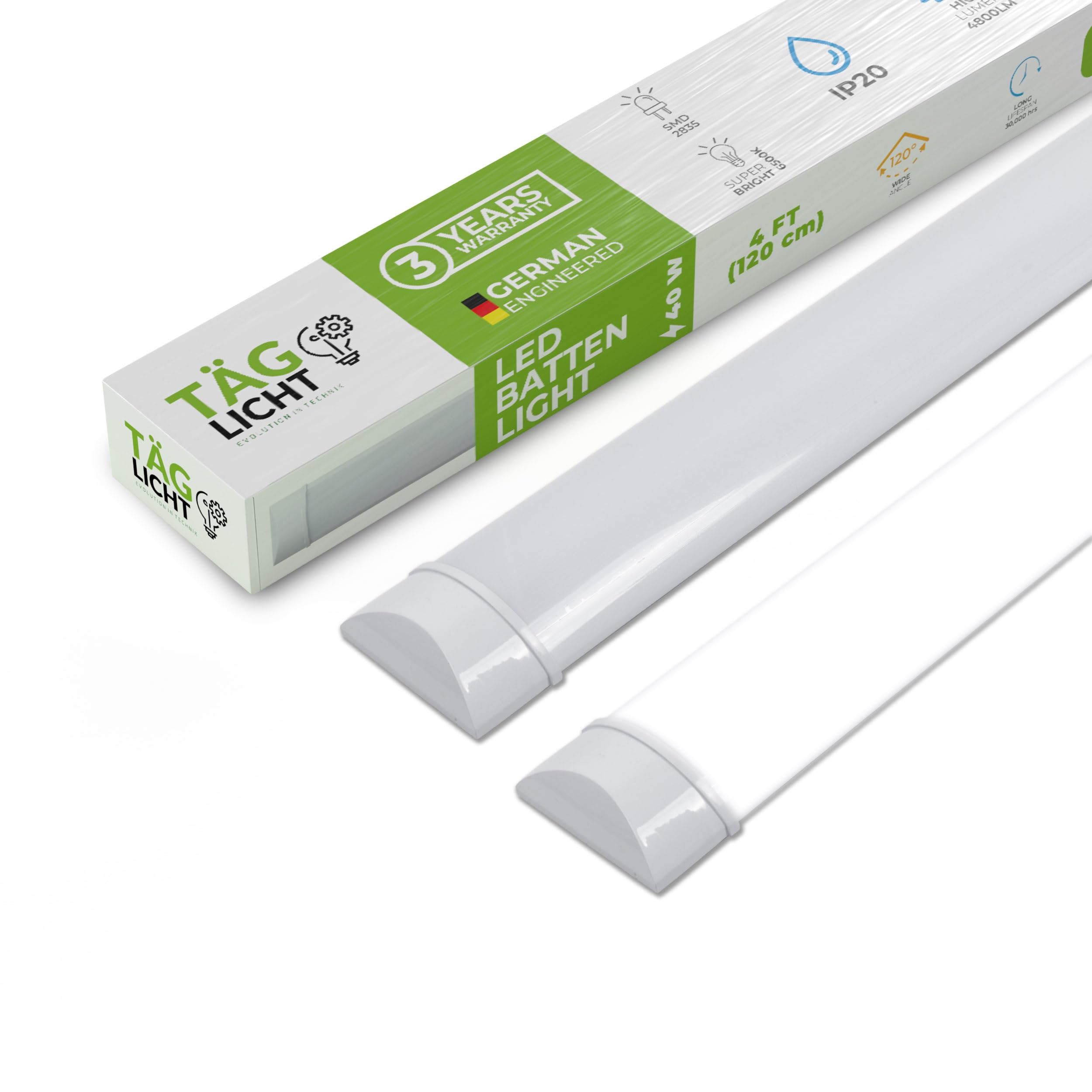 TAG LICHT 4ft LED Batten Light – 40W Advanced LED, 120cm 6500K Cool White, A+ Energy Class – Easy Install, Office LED Ceiling Light [Energy Class A]