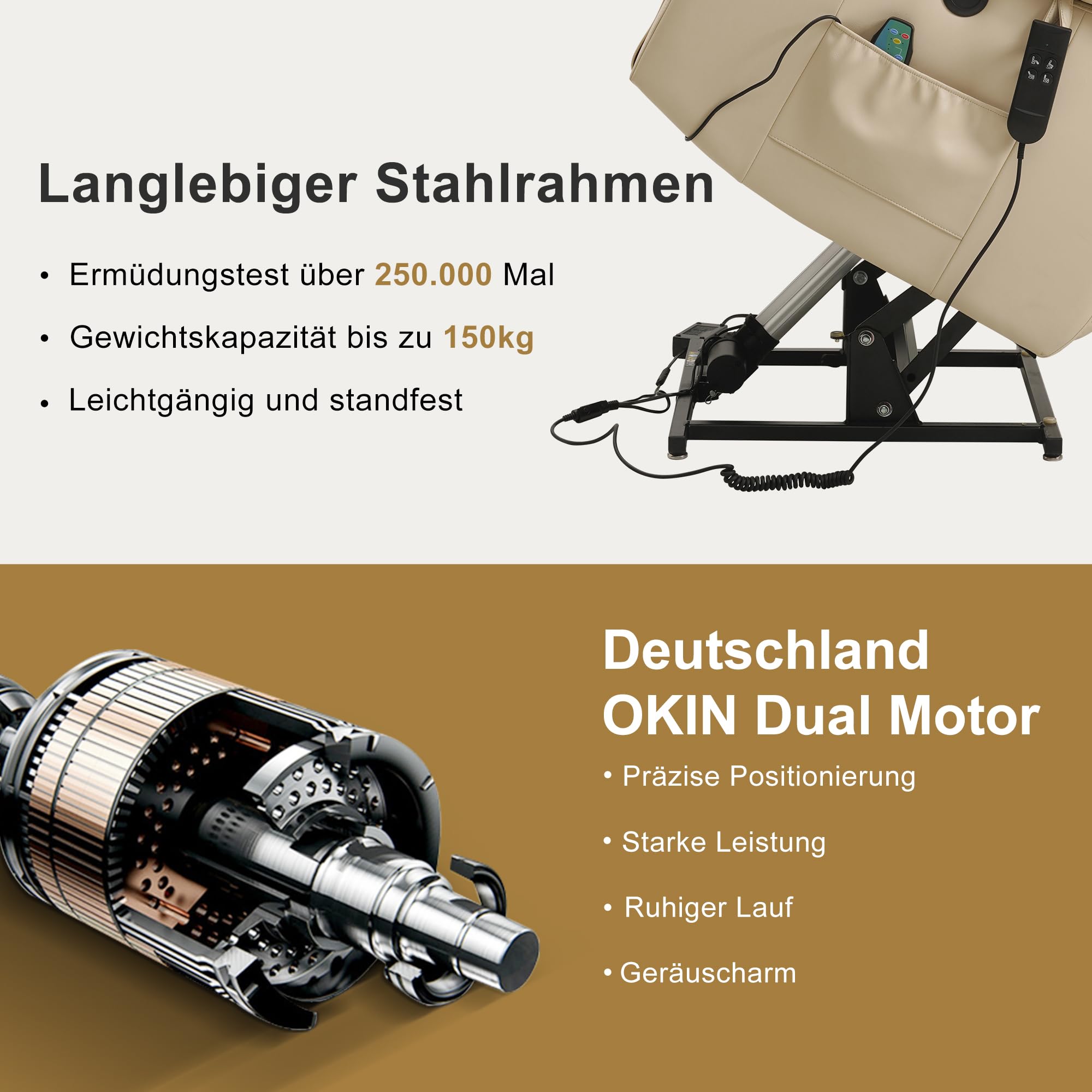 DUANDUAN 2 Motoren Elektrischer stufenlos verstellbar Relaxsessel mit 180° Liegefunktion, Sessel mit Schlaffunktion, Massagesessel mit Aufstehhilfe,Vibration und Heizung (Beige)