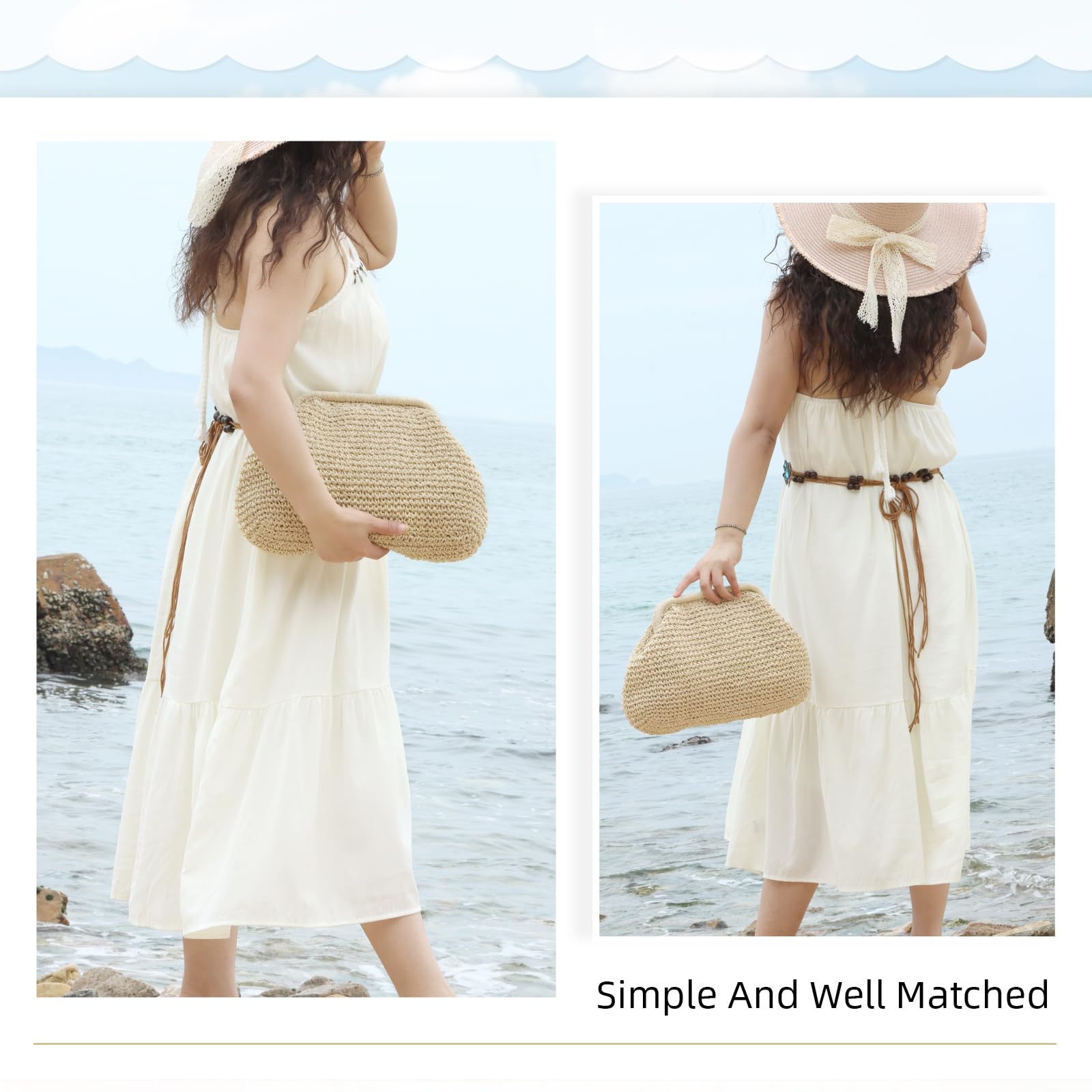 Borsa della frizione della paglia per le donne, Cloud Dumpling Pouch Borsa della spiaggia di estate