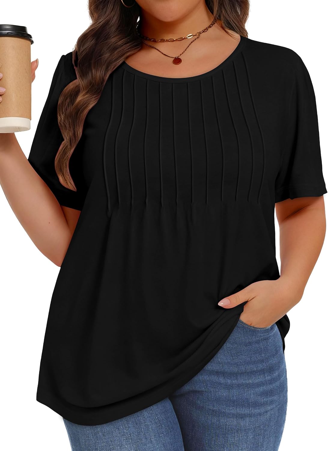 Plus Size Tops for Women Pleated Summer Top Trendy Short Sleeve Shirts Casual Basic Tee Crew Neck Blouses 2026
