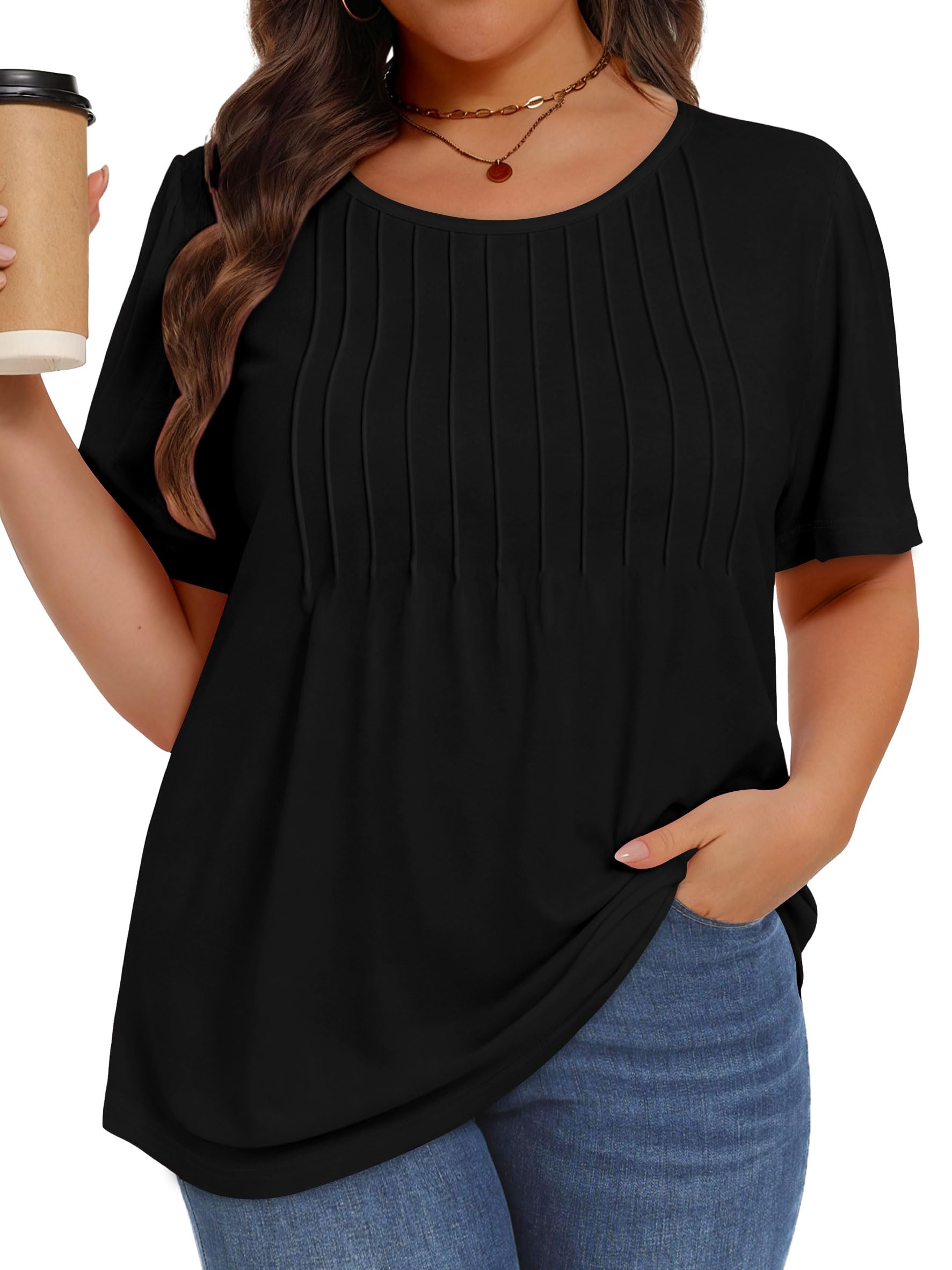 Plus Size Tops for Women Summer Pleated Short Sleeve Shirts Casual Blouses