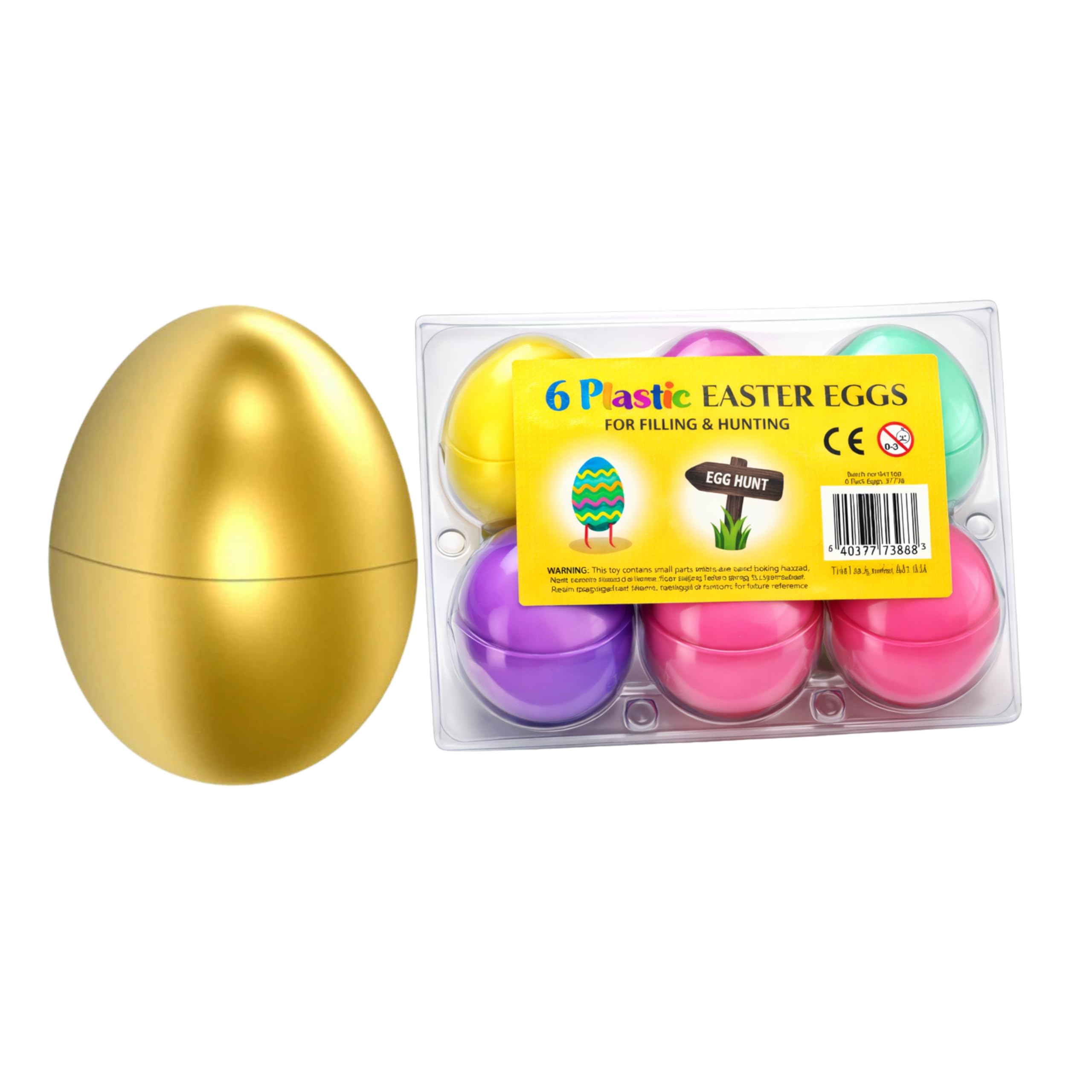 6 Fillable Plastic Eggs In a Crate And 1 Large Golden Easter Egg - Paisley Bright Tall For Easter Hunt - Plastic Eggs To Fill Basket Stuffers Fillers, Egg Hunt Prize, Filling Treats And Party Favor