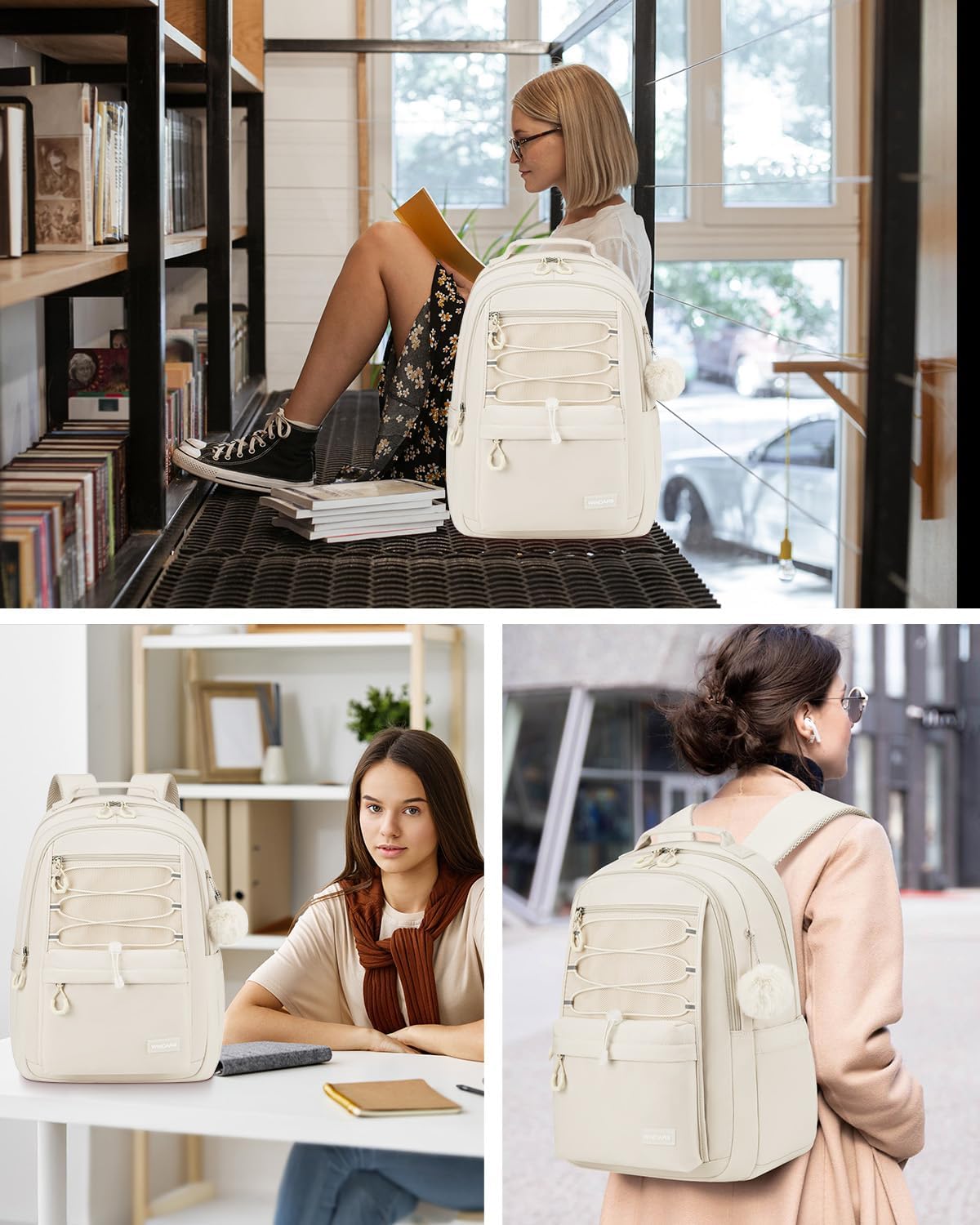 School Backpack for Teens Girls, Aesthetic College Bookbag for Women Students Large Fashion 17.3 Inch Laptop Bag for Work Travel (Beige)
