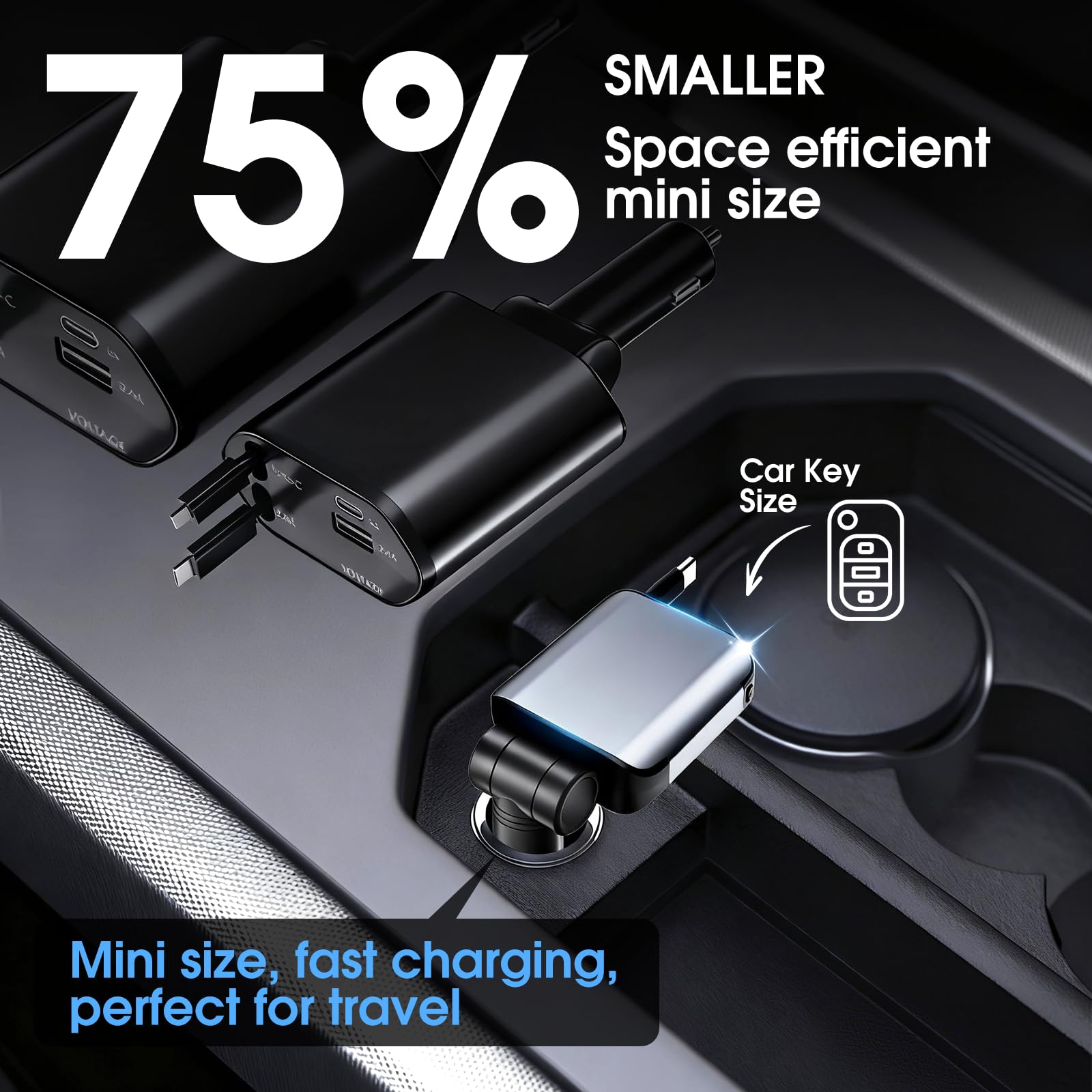 WHATOOK 4 W 1 zapalnik papierosów USB C ładowarka samochodowa: [75% mniejsza][Sternenhimmel LED] 66W KFZ Auto szybka ładowarka Adapter z wciągalnym kablem typu C/USB C/USB A, 12/24V dla iPhone/Samsung