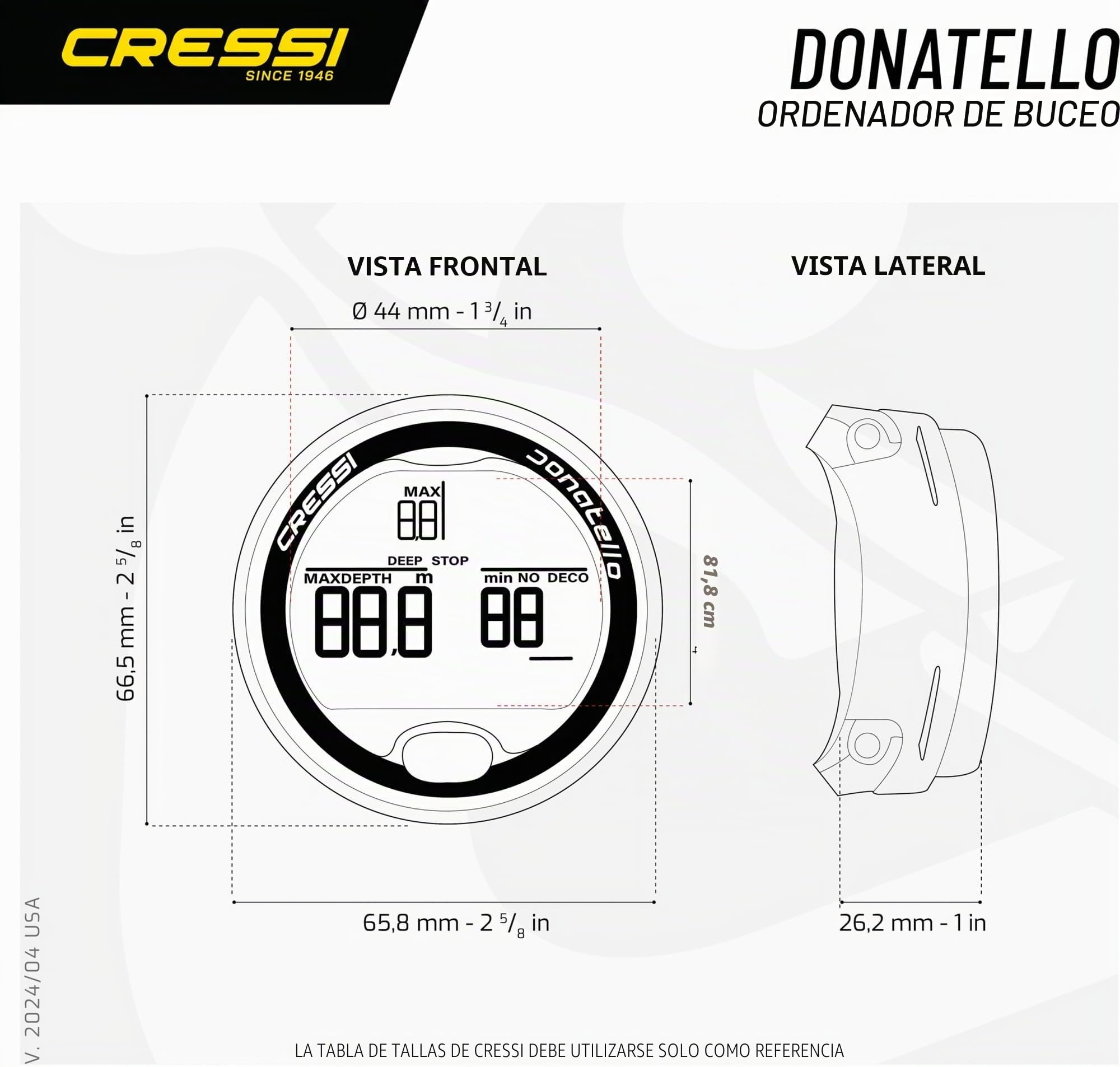 CRESSI Donatello Diving Computer - Ordenador Profesional de Buceo de Muñeca para Buceo y Apnea, Talla única, Unisex Adultos