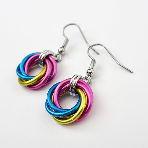 Miniatura 9 de Pansexual pride earrings, handmade chainmail love knot jewelry; pink, yellow, blue