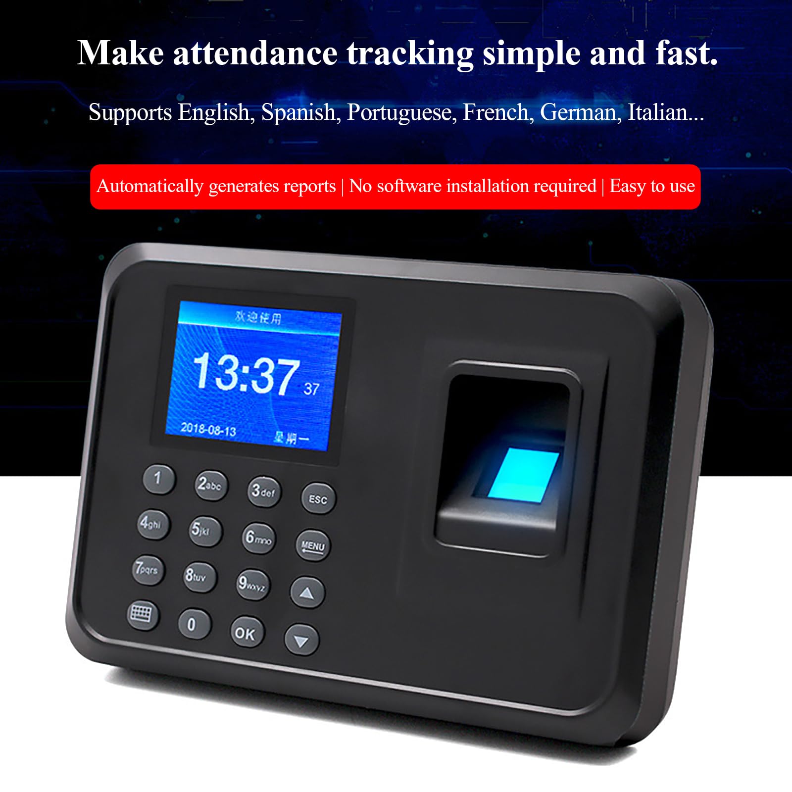 Máquina de asistencia de empleados para pequeñas empresas, soporte multilingüe, generación automatizada de informes, no requiere software, fácil registro de entrada y salida