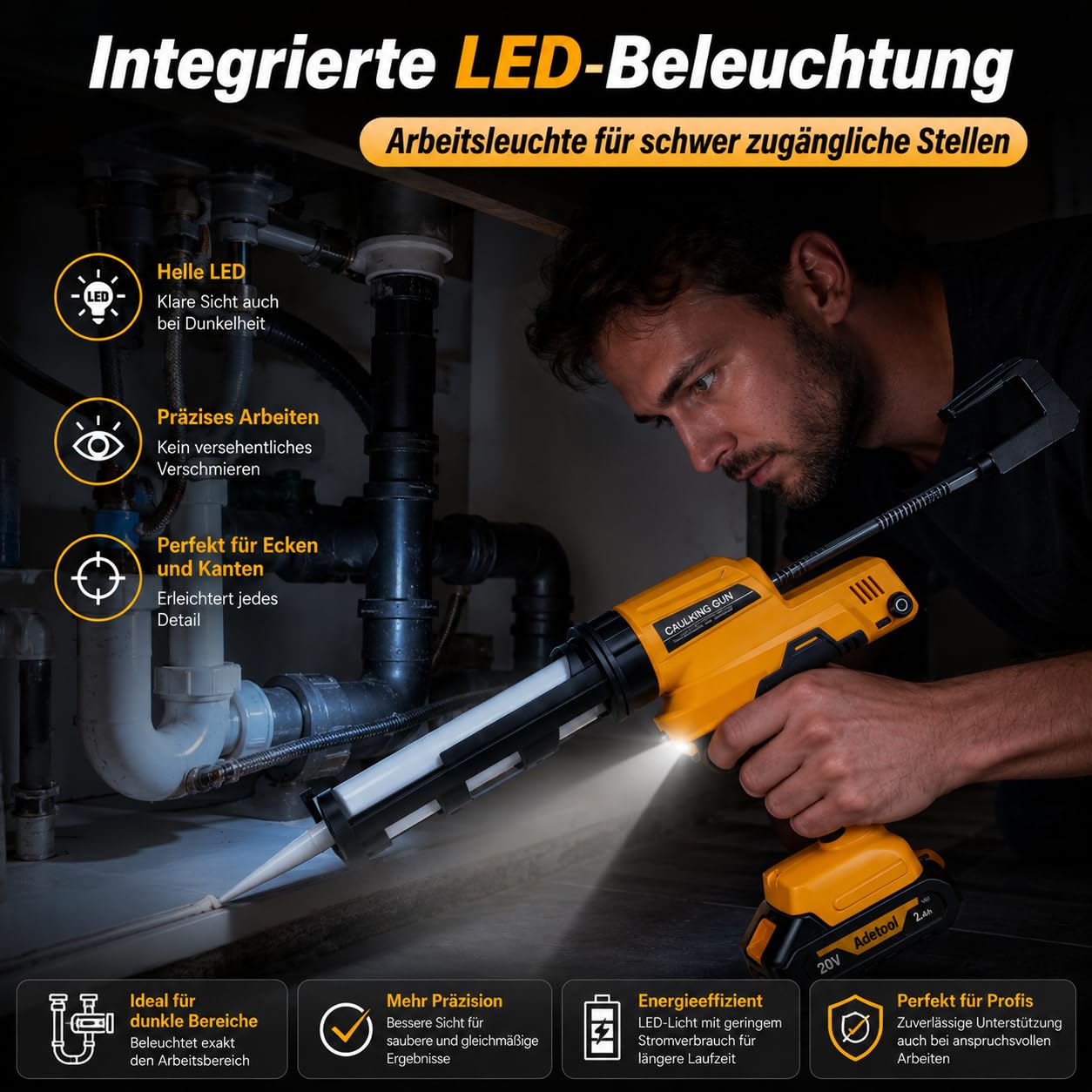 Akku Silikonpistole 6500N mit 6 Geschwindigkeiten für 300ml Kartuschen | 2×2.0Ah Akkus inklusive, kompatibel mit Makita 18V Akkus, ideal für Silikon, Kleber und Dichtstoffe
