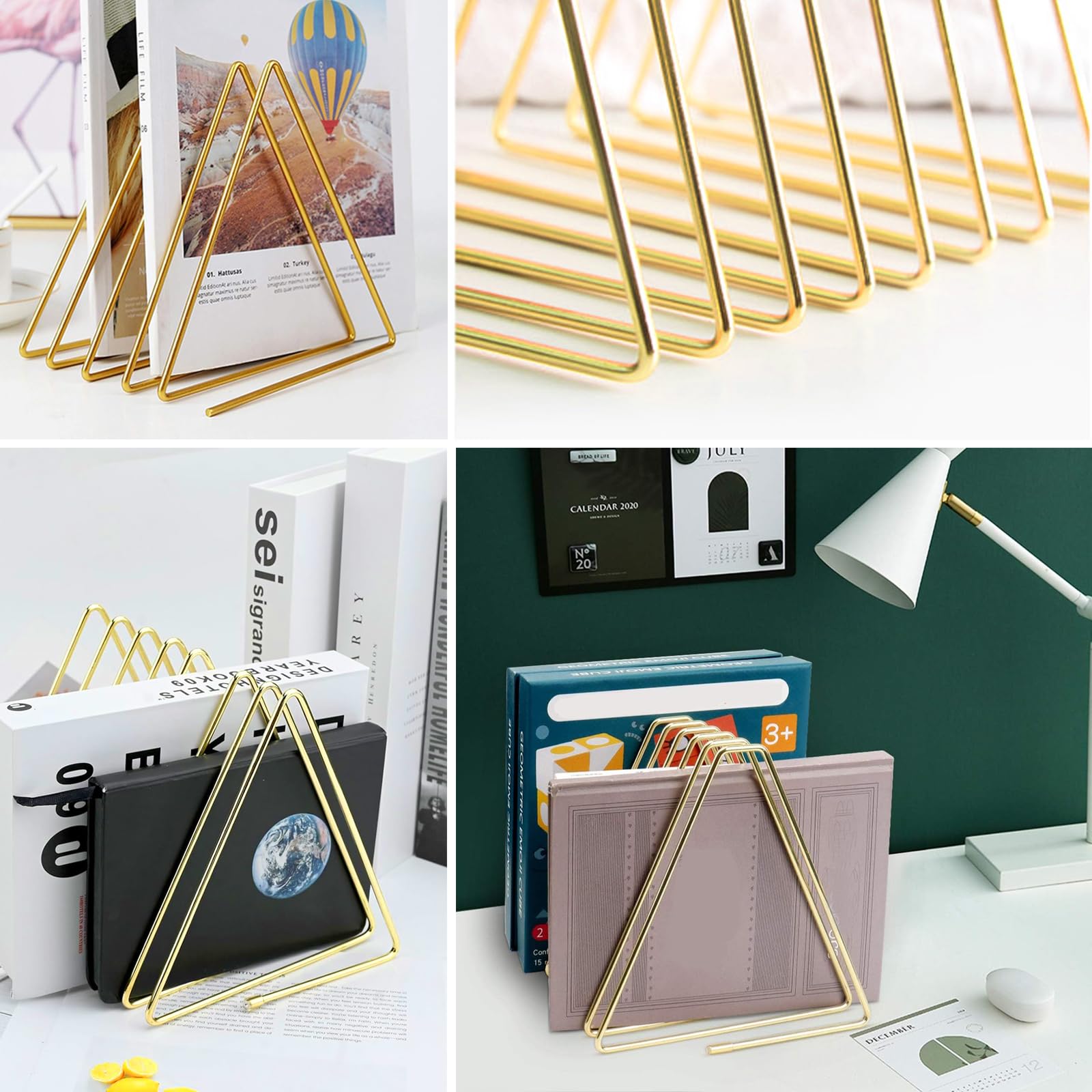 Metall Dreieck Bücherregal, Dreieckig Zeitungshalter, Halter Dreieck Desktop Metall, 7 Steckplätze Zeitungsständer, Dokumente Ordner Ständer, für Zierpflanzen, Bücherregal, Zeitschriftenständer, Gold