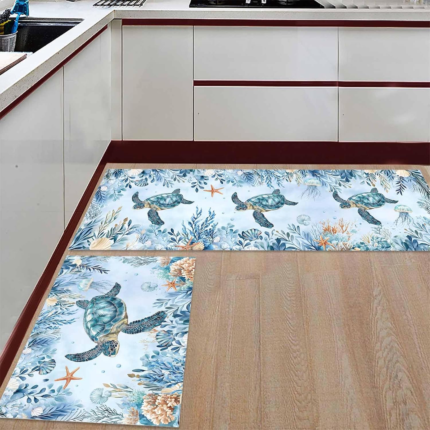 2 Pieces Kitchen Rugs and Mats,Nautical Ocean Turtle Coral Shell Jellyfish Area Runner Rug Set Non Slip Floor Doormat Washable Carpet Standing Mat for Kitchen Sink Indoor Corridor,Marine Life Plant