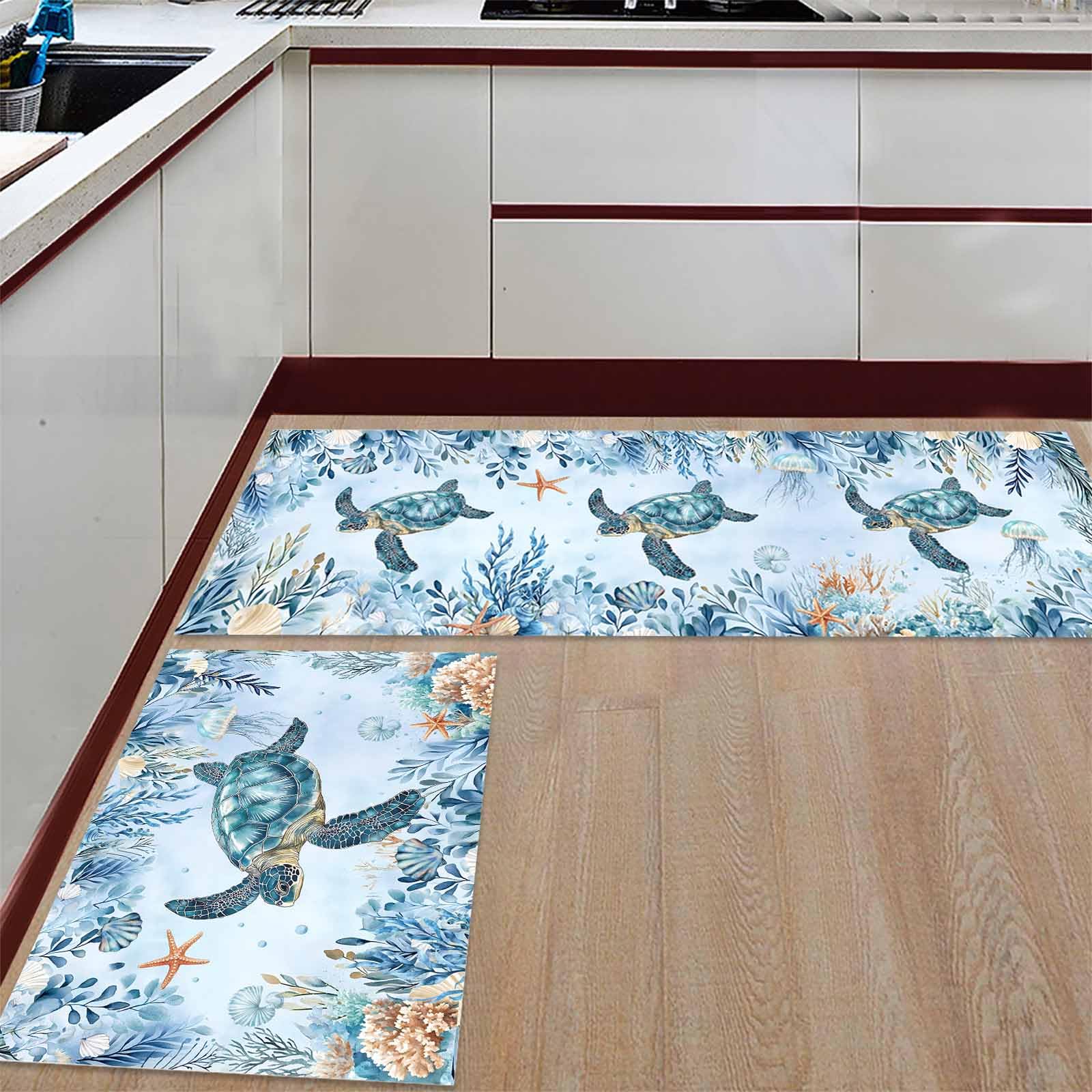 2 Pieces Kitchen Rugs and Mats,Nautical Ocean Turtle Coral Shell Jellyfish Area Runner Rug Set Non Slip Floor Doormat Washable Carpet Standing Mat for Kitchen Sink Indoor Corridor,Marine Life Plant