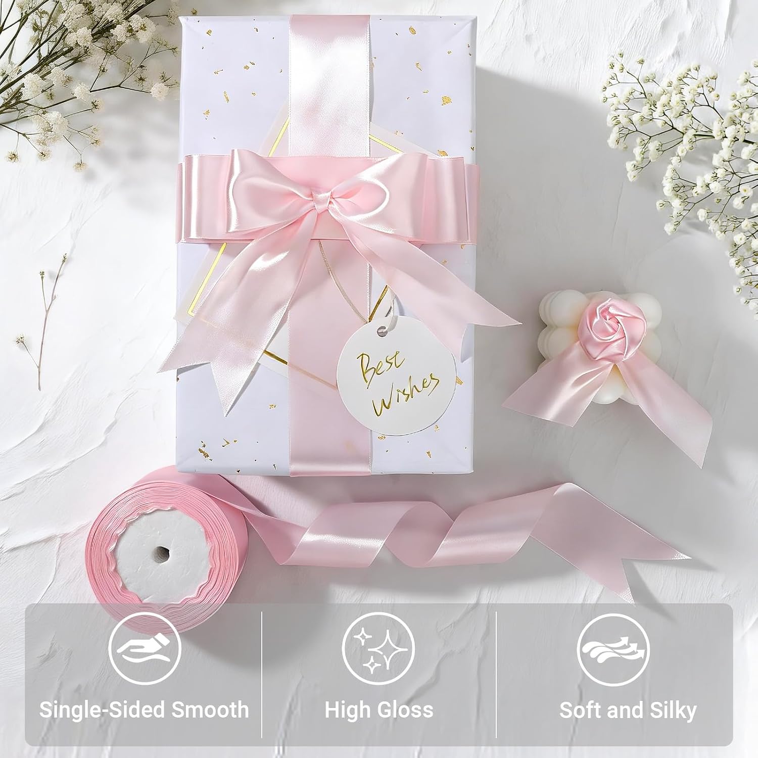 EUSOAR Pink Ribbon, 1 Roll 1 1/2 inch x 25 Yards Fabric Satin Ribbon, Silk Ribbons for Crafts Gift Wrapping Flower Bouquets Invitations Wedding Party Hair Decor Handmade Bows Bridal Shower Floral DIY