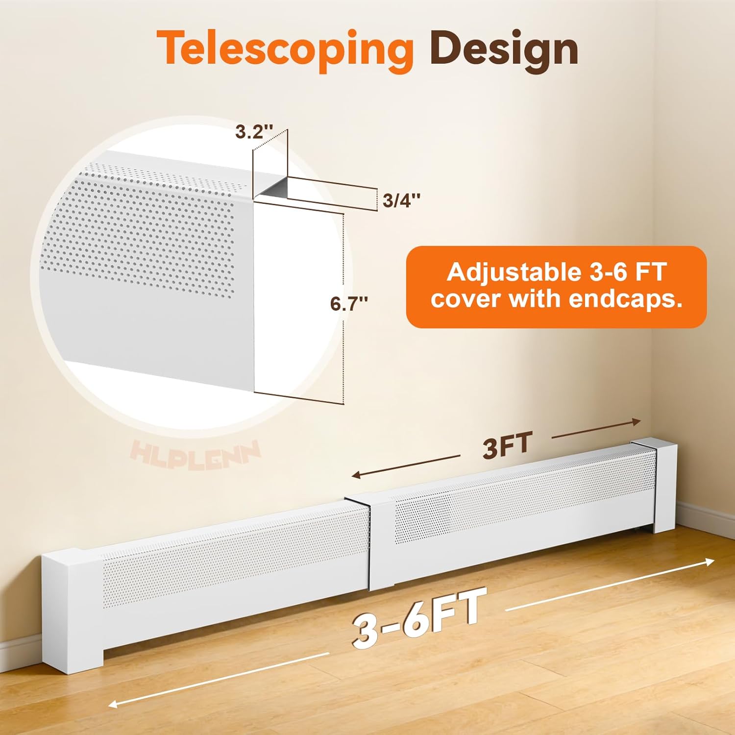 Baseboard Heater Cover, 3FT-6FT Retractable Galvanized Steel Easy Slip-On Baseboard Heater Cover with End Caps, Baseboard Covers for Hydronic Home Heating Systems