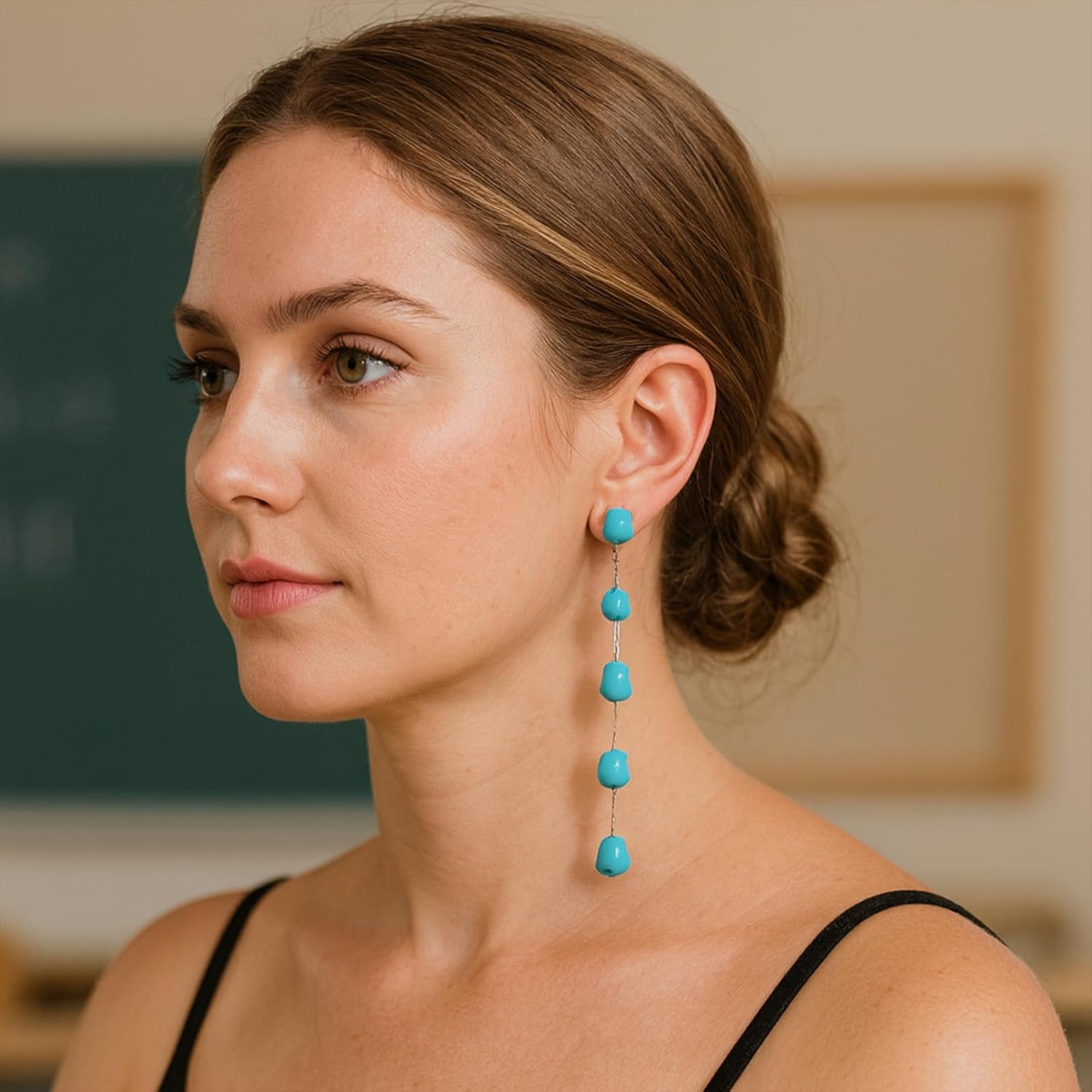 Teacher Christmas Gifts - Long Genuine Turquoise Nugget Long Dangle Earrings Lightweight Boho Real Western Drop Tassel Earring - Image 5