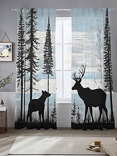 VANPTBNHS Forest Deer Bear Wild Animal Semi Sheer Curtains 84 Inch Length 2 Panels Set,Blue White Wood Board Light Filtering Drapes Privacy Window Treatment for Living Room Bedroom Kitchen