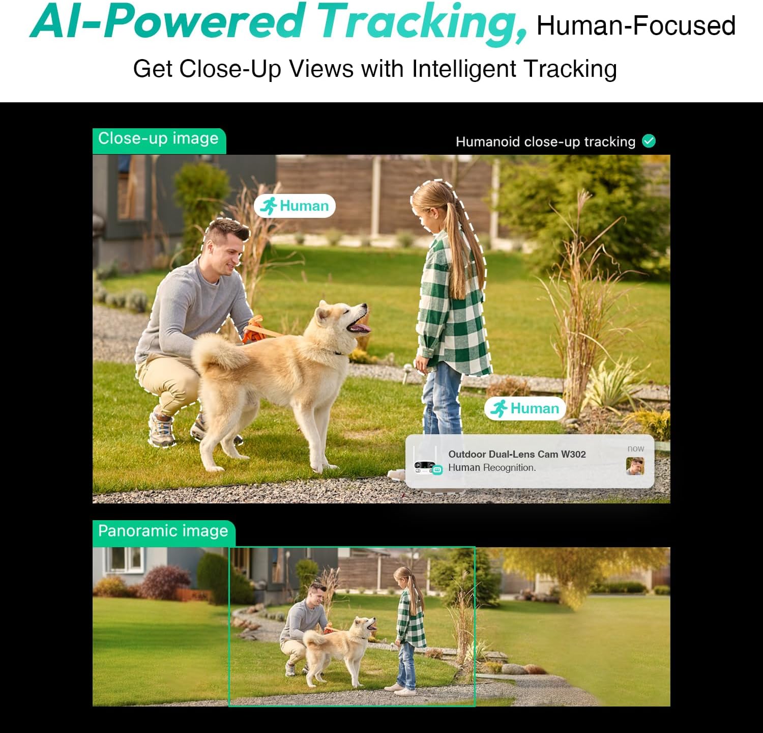 Image showing AI-powered human tracking, with a close-up view of a person and dog, and a panoramic view highlighting the tracked human.