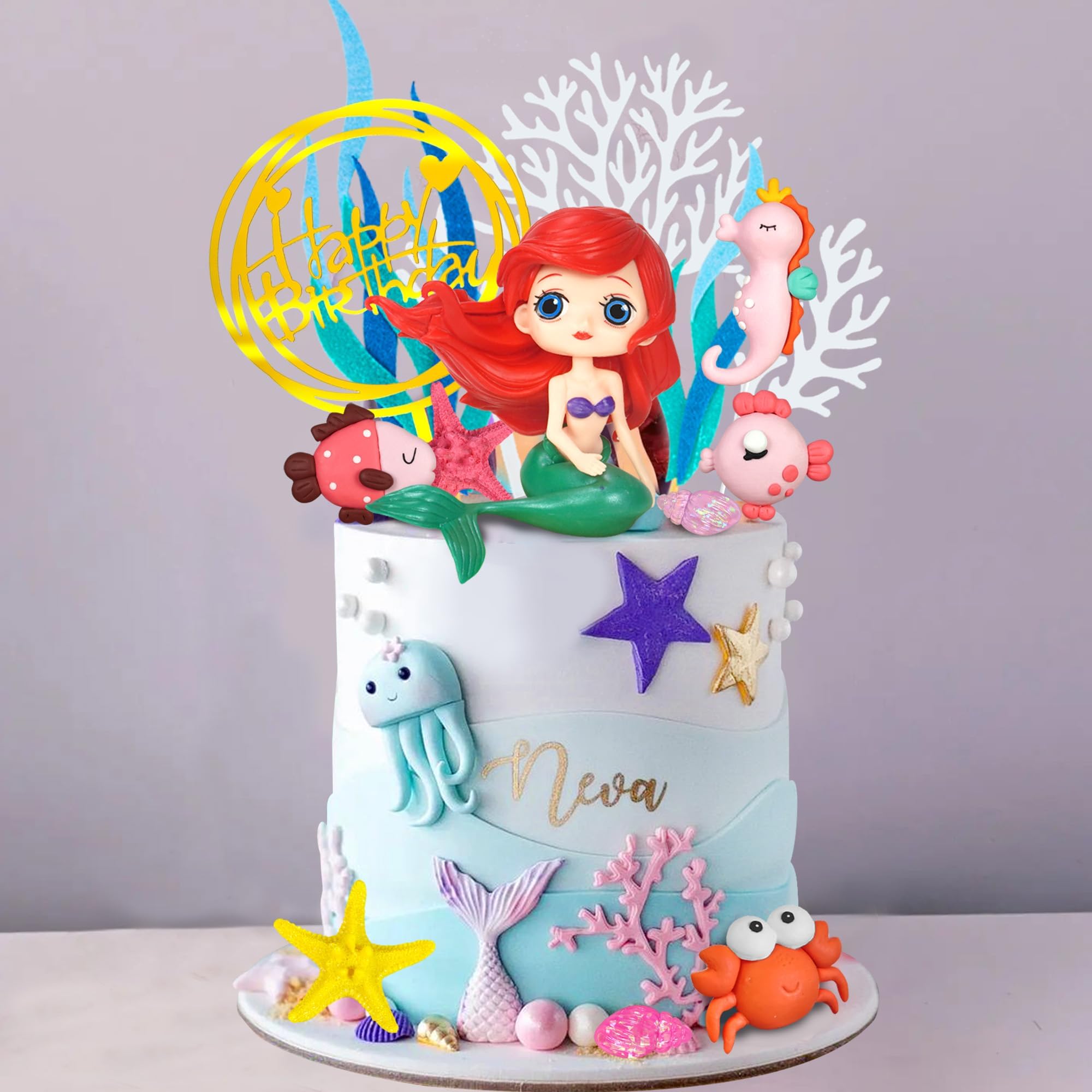 17 PCS Mermaid Cake Toppers Ocean Animals Under the Sea Cake Decorations with Ariel Model for Mermaid Under the Sea Theme Birthday Supplies (style 1)