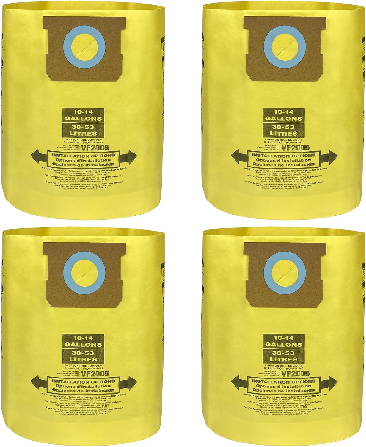 4 Pack Fit for Shop Vac Bags 10-14 Gallon- Type F 90662, Type I 90672, VF2005 -High Efficiency Disposable Fine Dust Collection Vacuum Filter Bags, Double Layer Reinforced